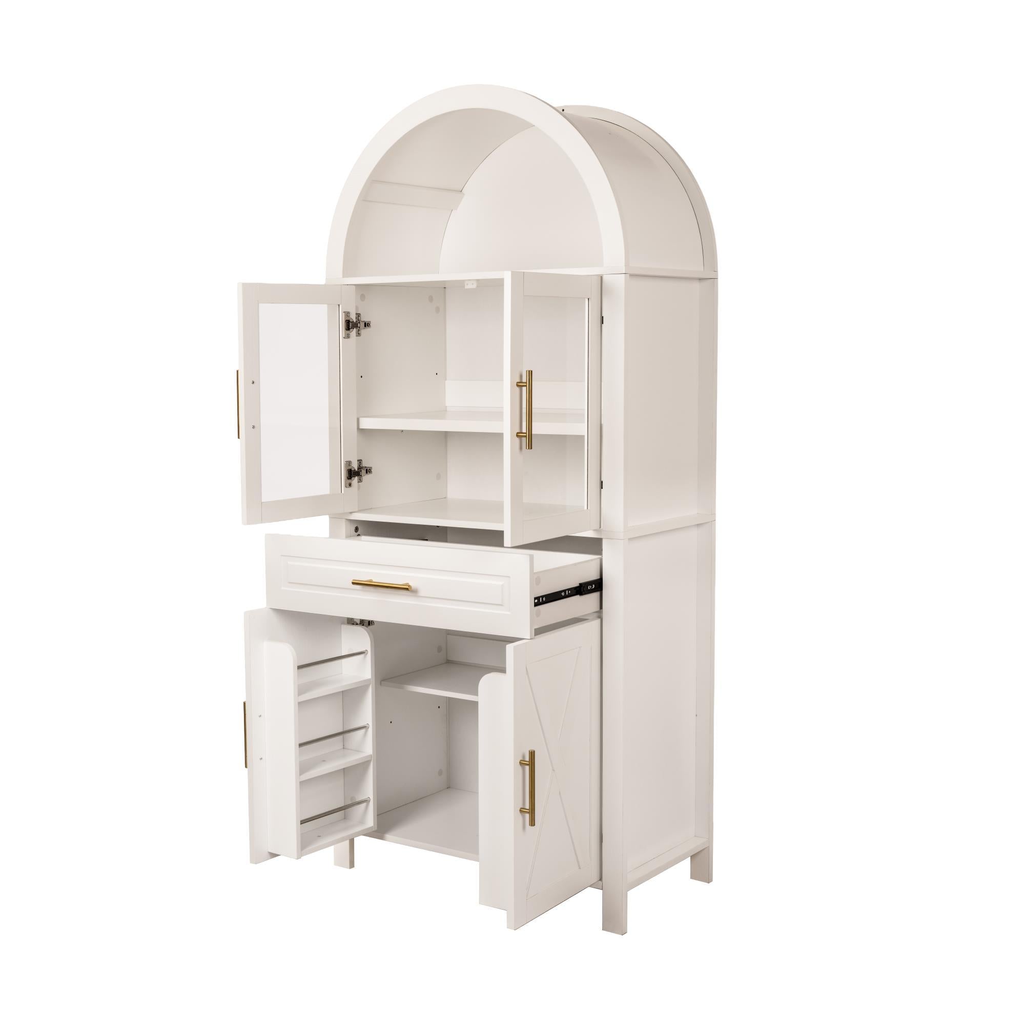 Arched Kitchen Pantry Cabinet With Adjustable Shelves & Barn Door Design