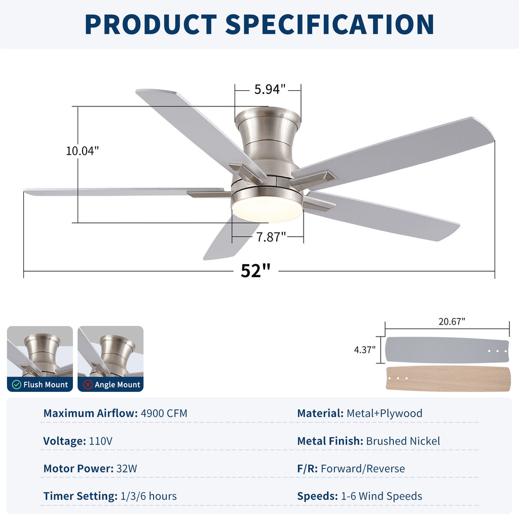 Mordern Flush Mount Ceiling Fan With Light And Remote Control