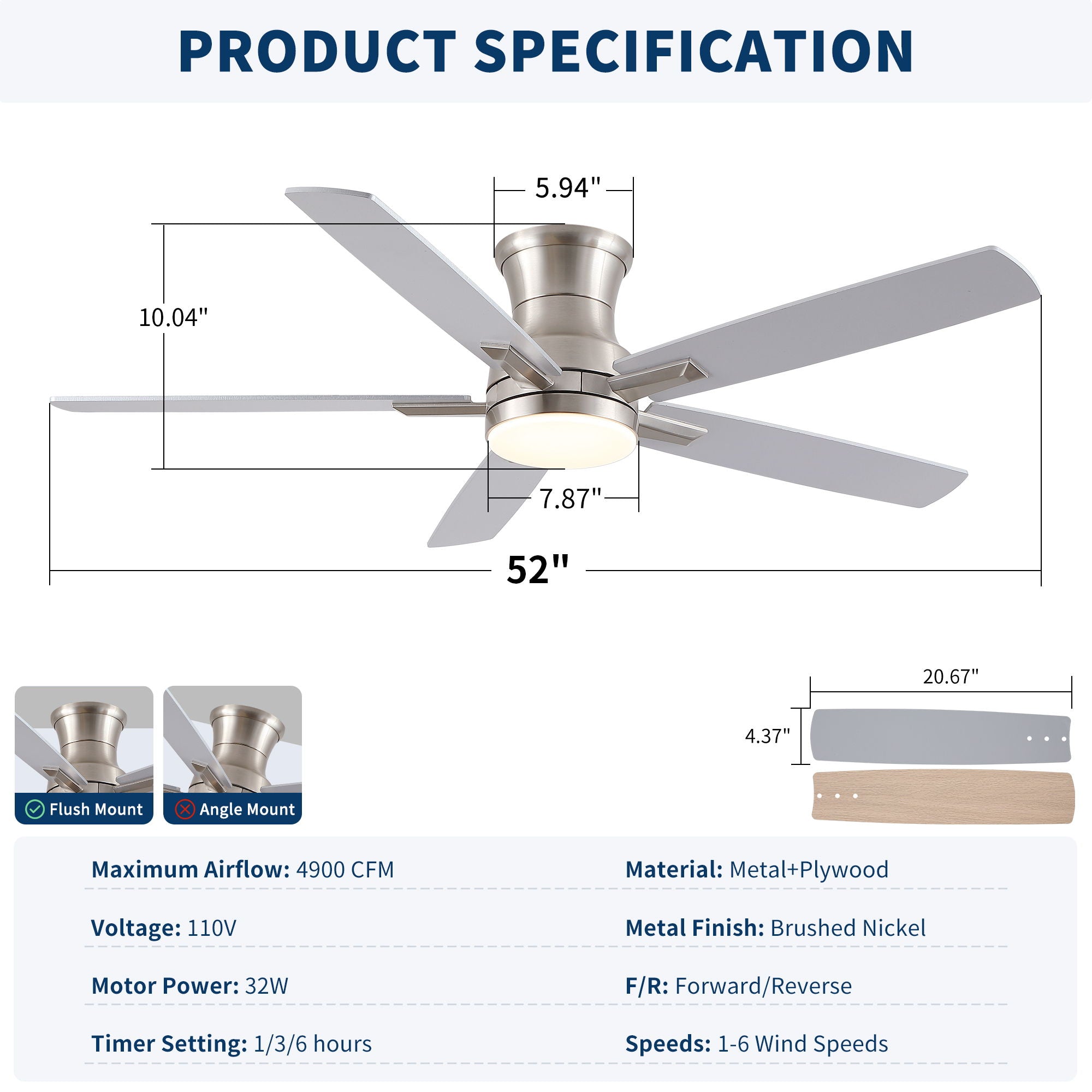 Mordern Flush Mount Ceiling Fan With Light And Remote Control