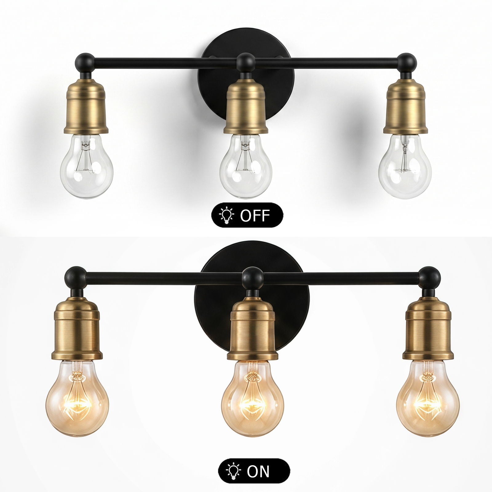 3 Light Wall Sconce, Vanity Light, No Bulbs Included - Black / Gold