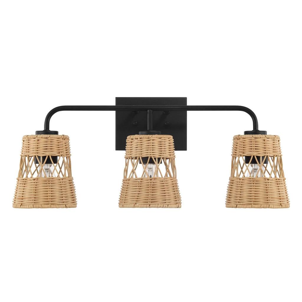Moonlit - 3 Lights Wall Sconce With Shade, Bathroom Lighting Fixtures Over Mirror - Black / Rattan
