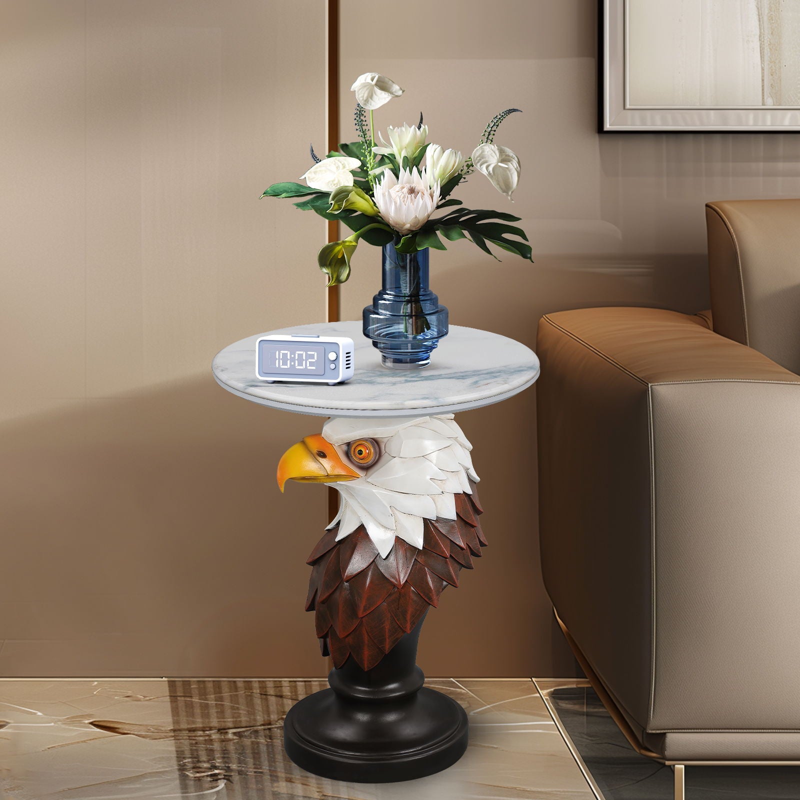 Eagle Head Accent Table, Animal Statue End Tables For Living Room - Brown / Antique White