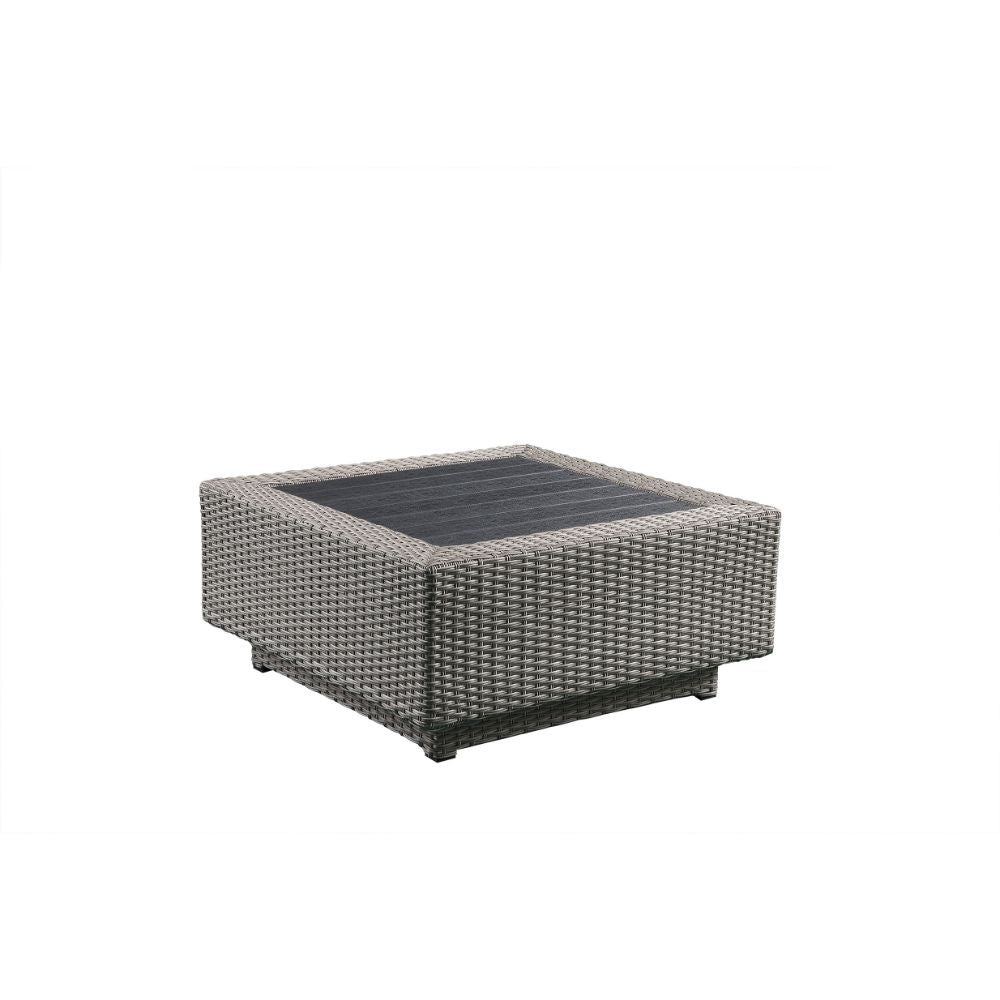 Salena - Patio Sectional Sofa With 4 Pillows & Coffee Table - Beige Fabric & Gray Wicker
