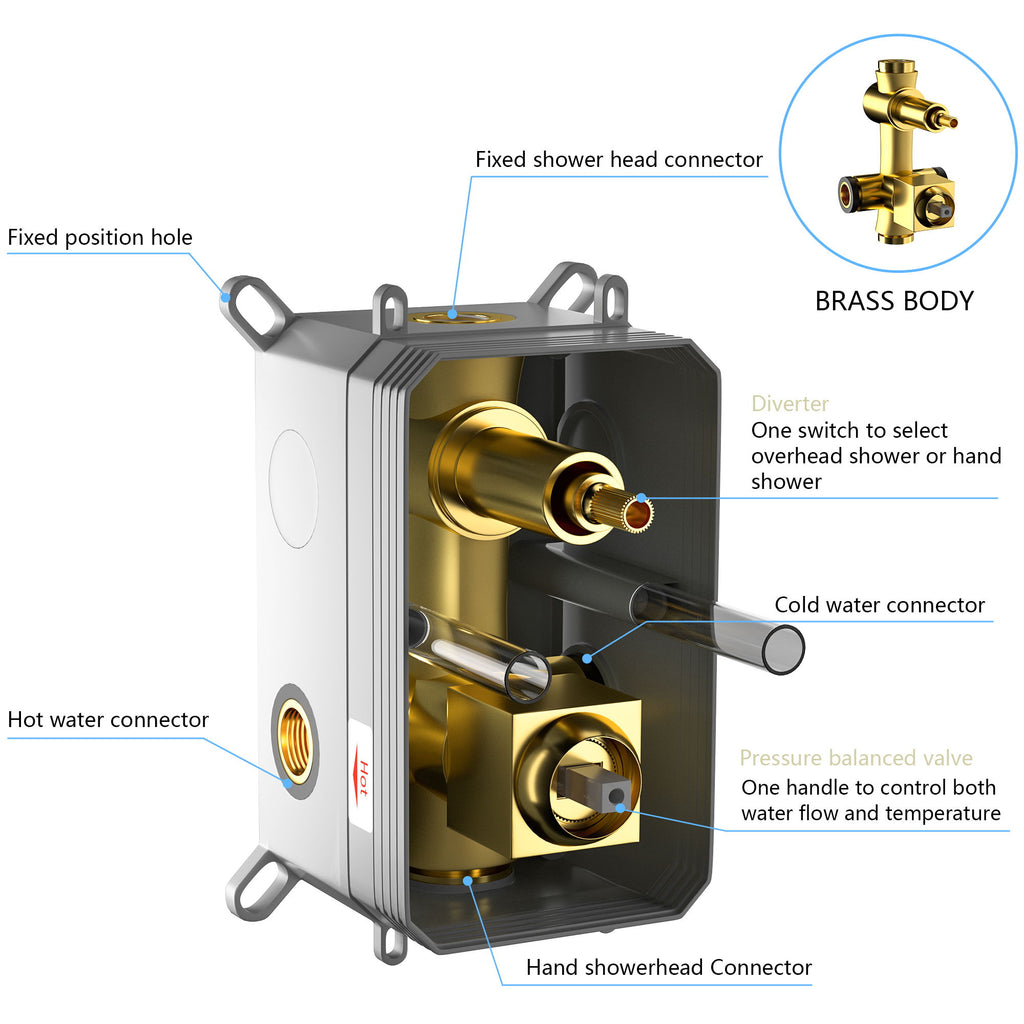 Square Shower System With Waterfall Tub Spout And Rough In Valve, Wall Mounted