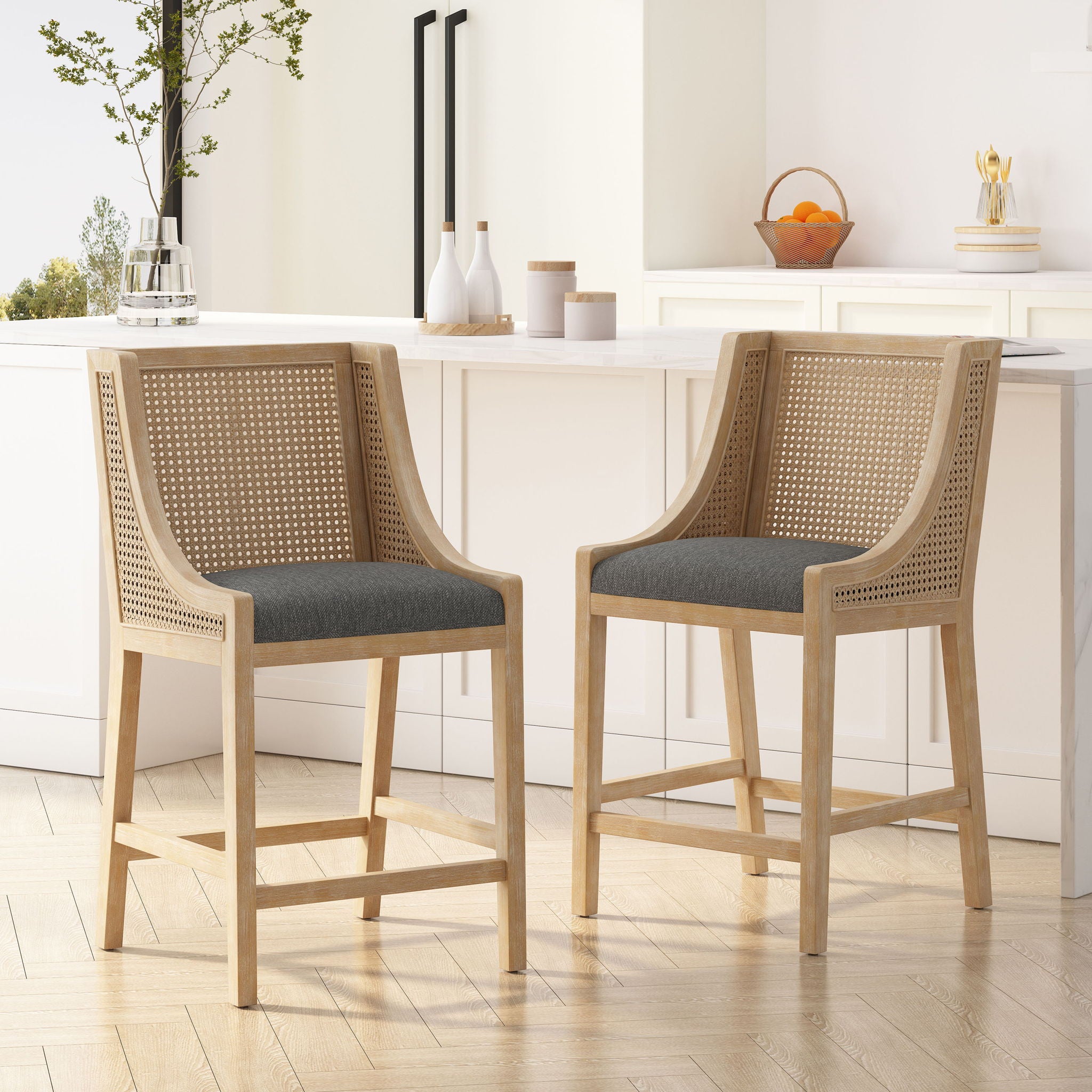 French Country Fabric Upholstered Counter Stools (Set of 2)