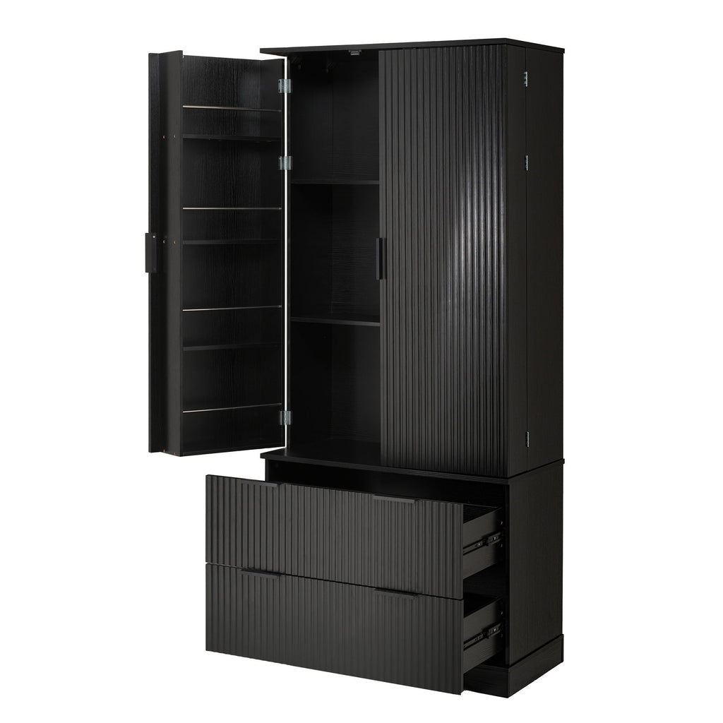 Fluted Kitchen Pantry Cabinet With 2 Large Drawers & 8 Door Spice Rack