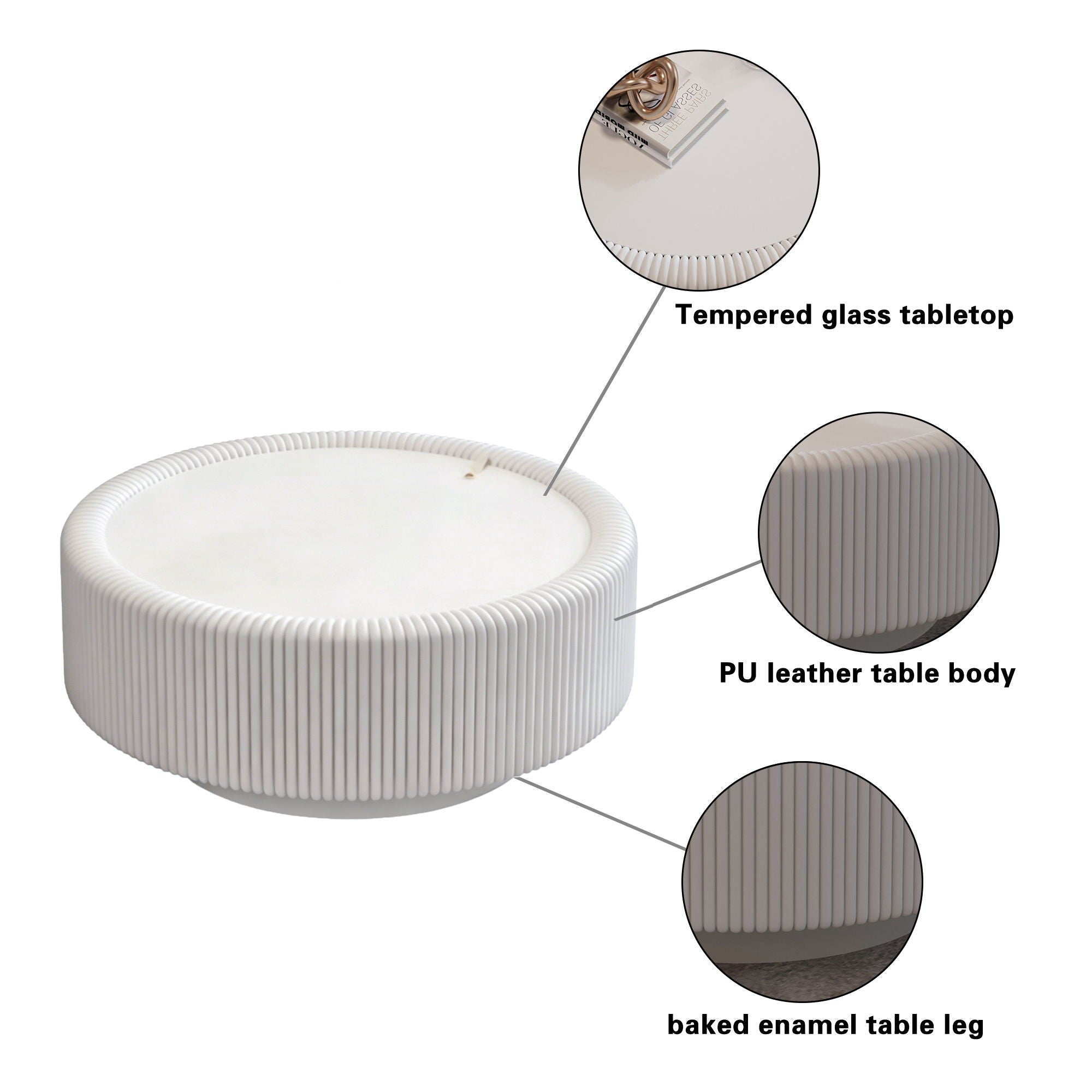 Round Fluted Coffee Table, Base & Hidden Storage - Snow White