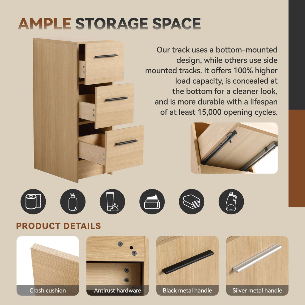 Slim Freestanding Bathroom Storage Cabinet, 3 Drawers - Light Oak