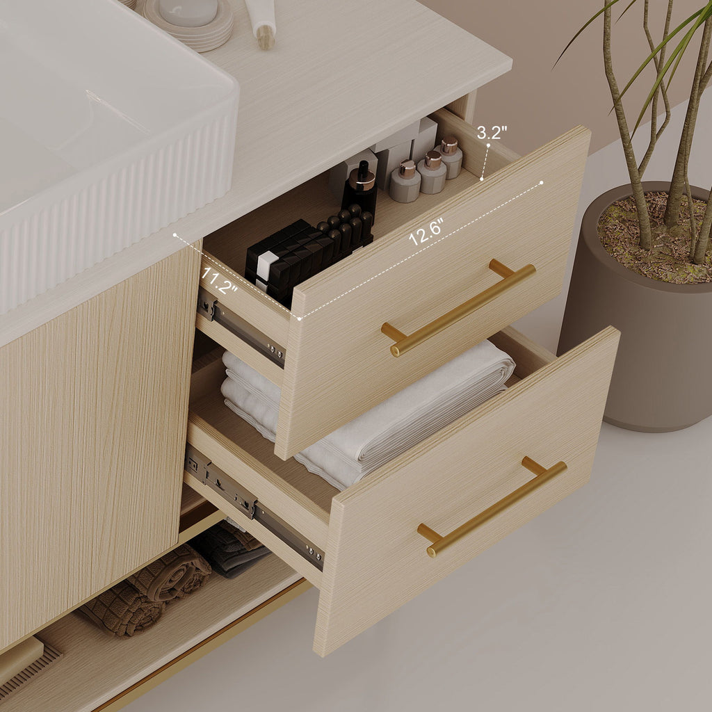 Bathroom Vanity With Vessel Sink Accent Free Standing Cabinet - Ameican White Oak / Gold / White