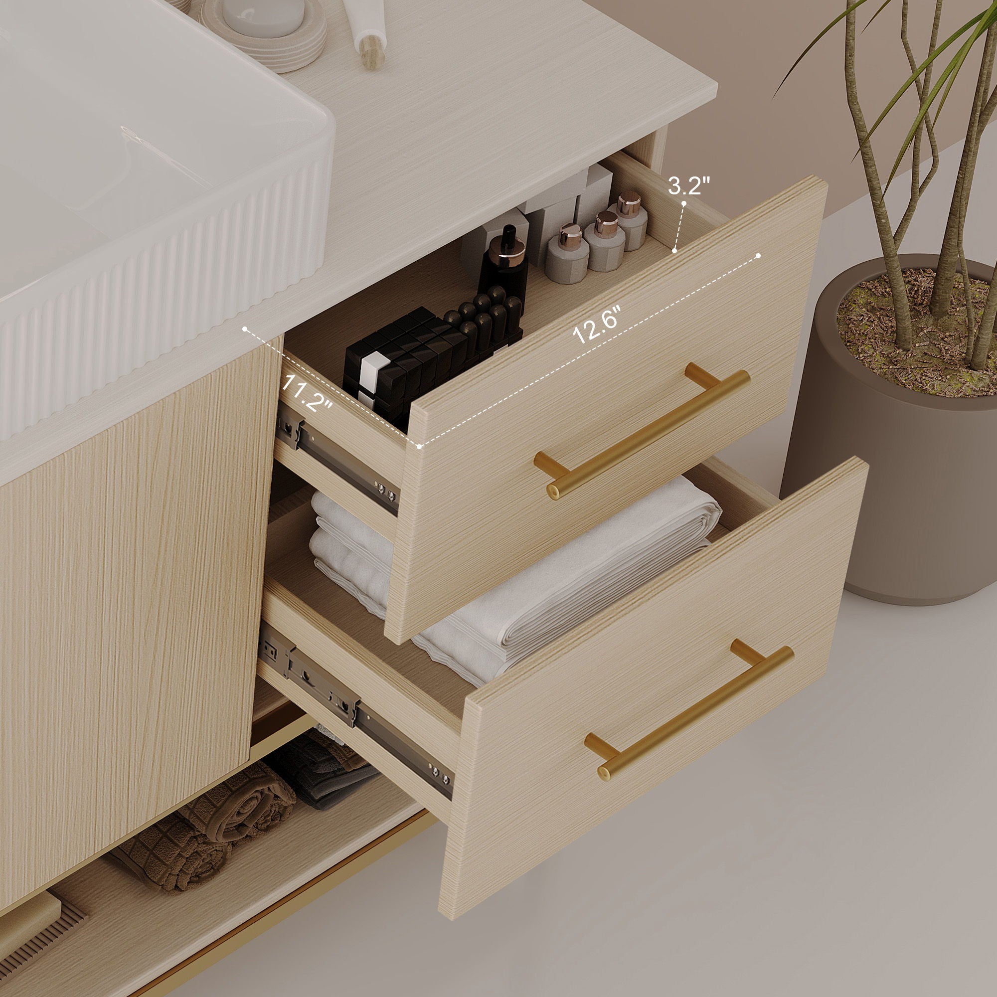 Bathroom Vanity With Vessel Sink Accent Free Standing Cabinet - Ameican White Oak / Gold / White