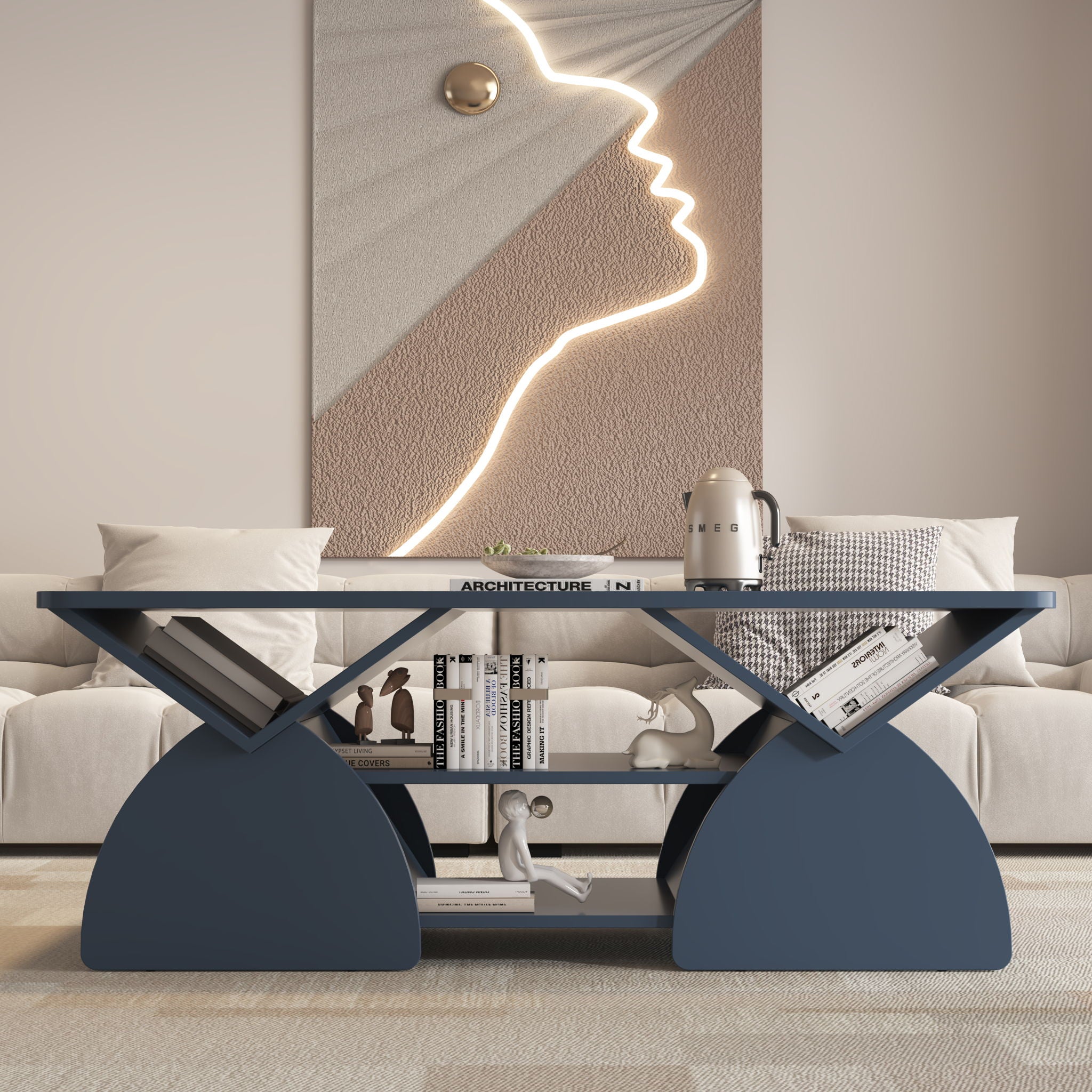 Geometric Engineered Coffee Table With Rounded Corners With Open Shelves