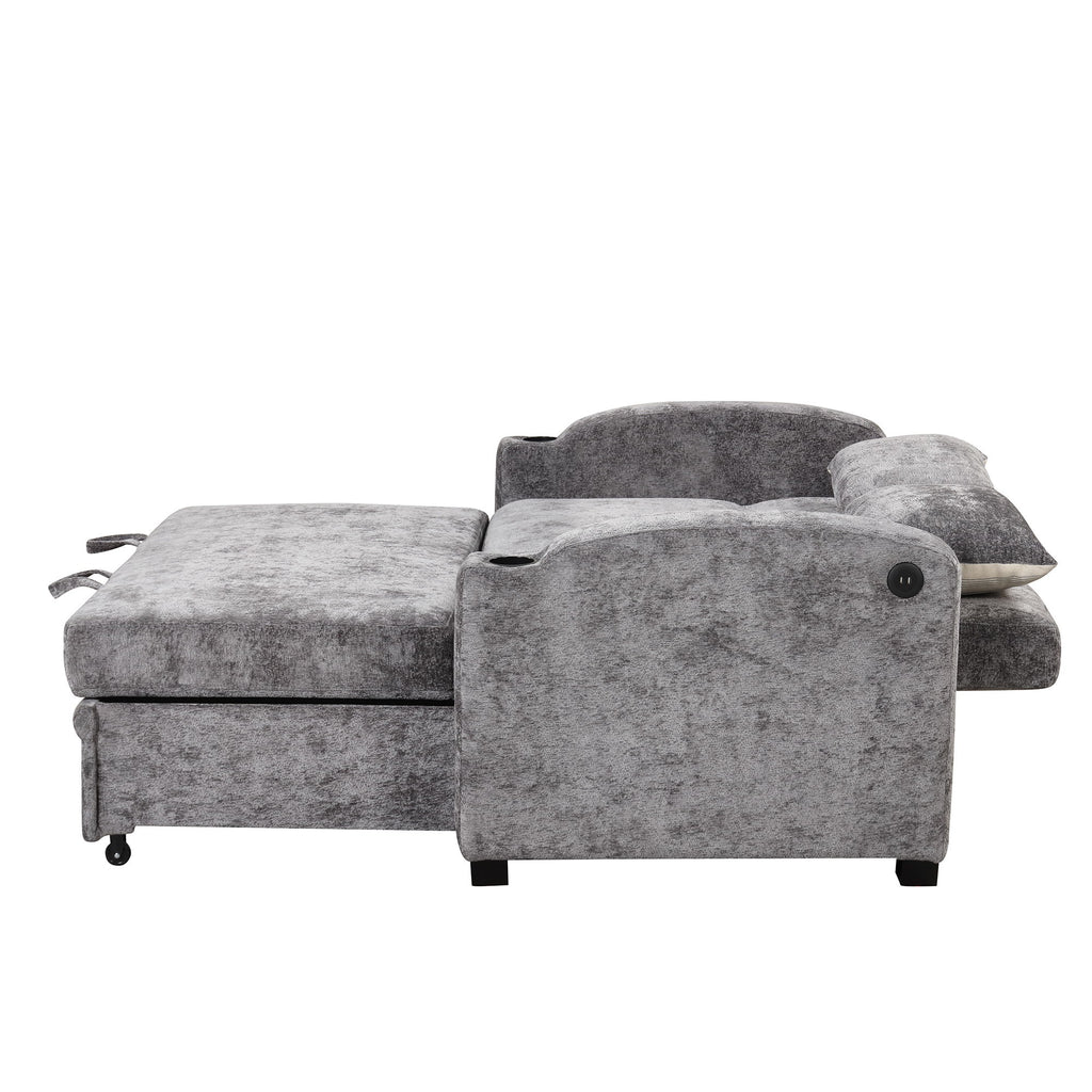 Pull Out Loveseat Sofa With Adjsutable Backrest, 2 Pillows, Cup Holders, USB Ports For Living Room