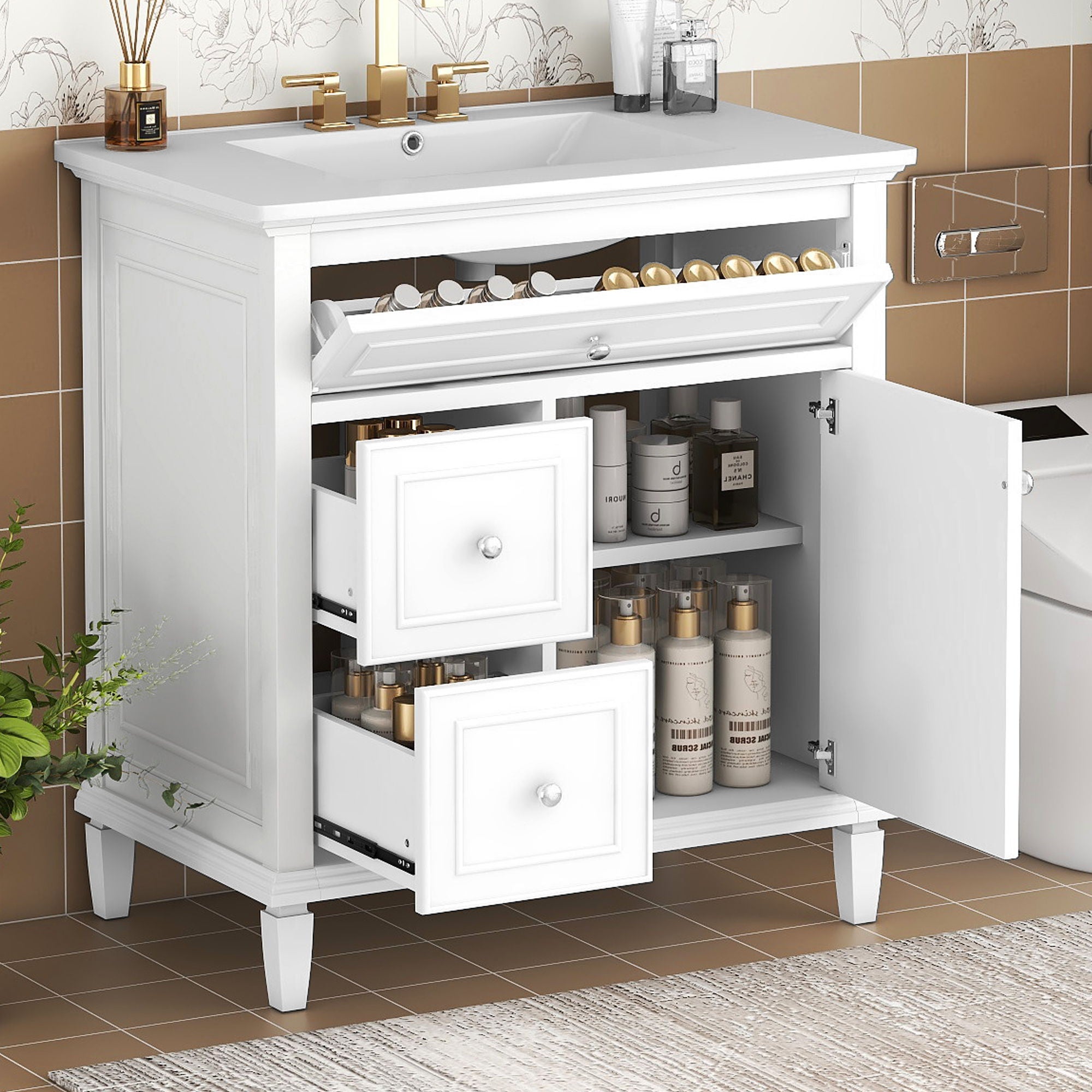 Modern Bathroom Vanity With Sink, Adjustable Shelf, Flip Drawer & 2 Drawers