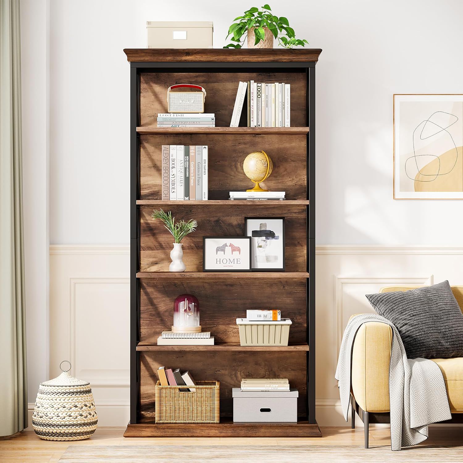 6 Tier Industrial Brown & Bookshelf With X Pattern Design - Rustic Brown