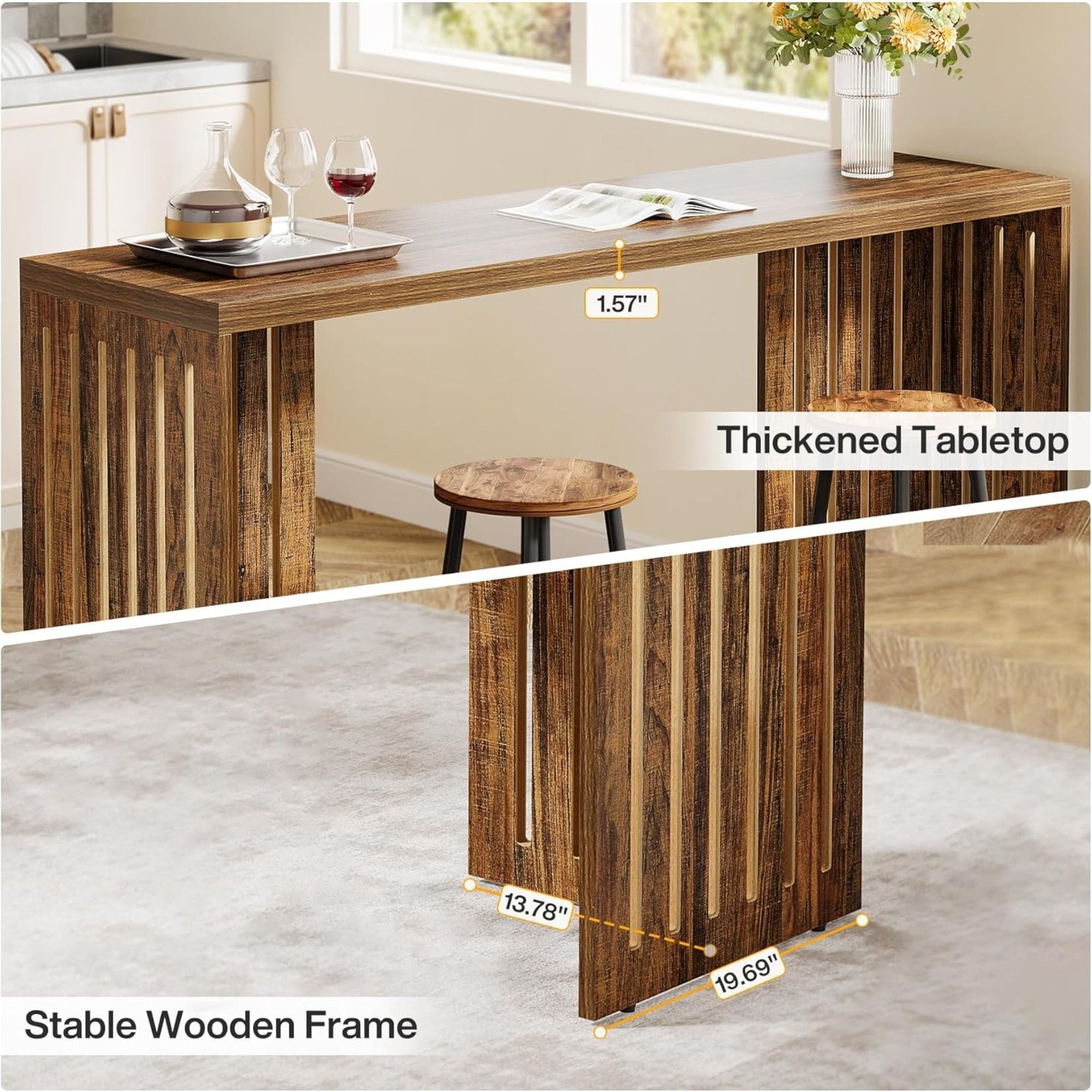 Narrow Counter Height Pub Table With Louvered Base For Kitchen - Rustic Brown