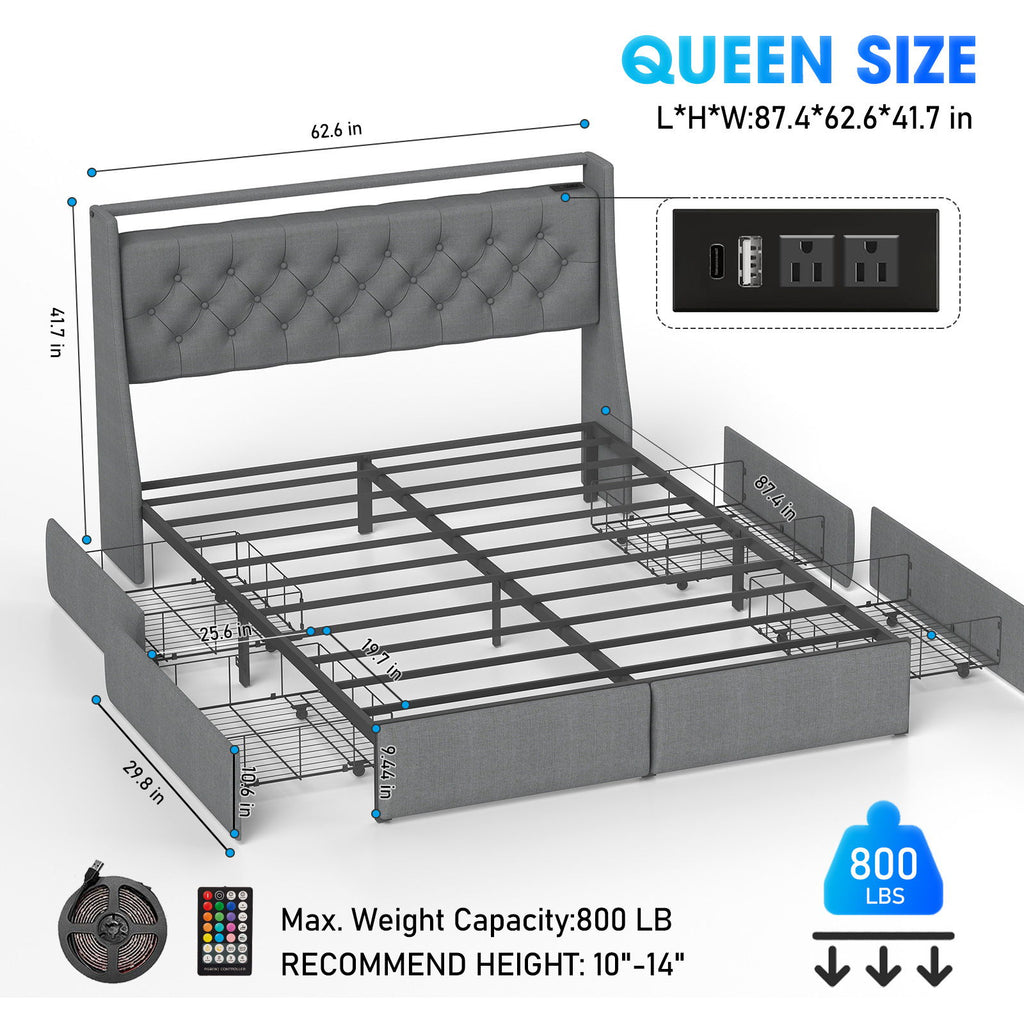 Platform Bed Frame With RGB LED Lights, Charging Station, Storage Headboard & 4 Underbed Drawers