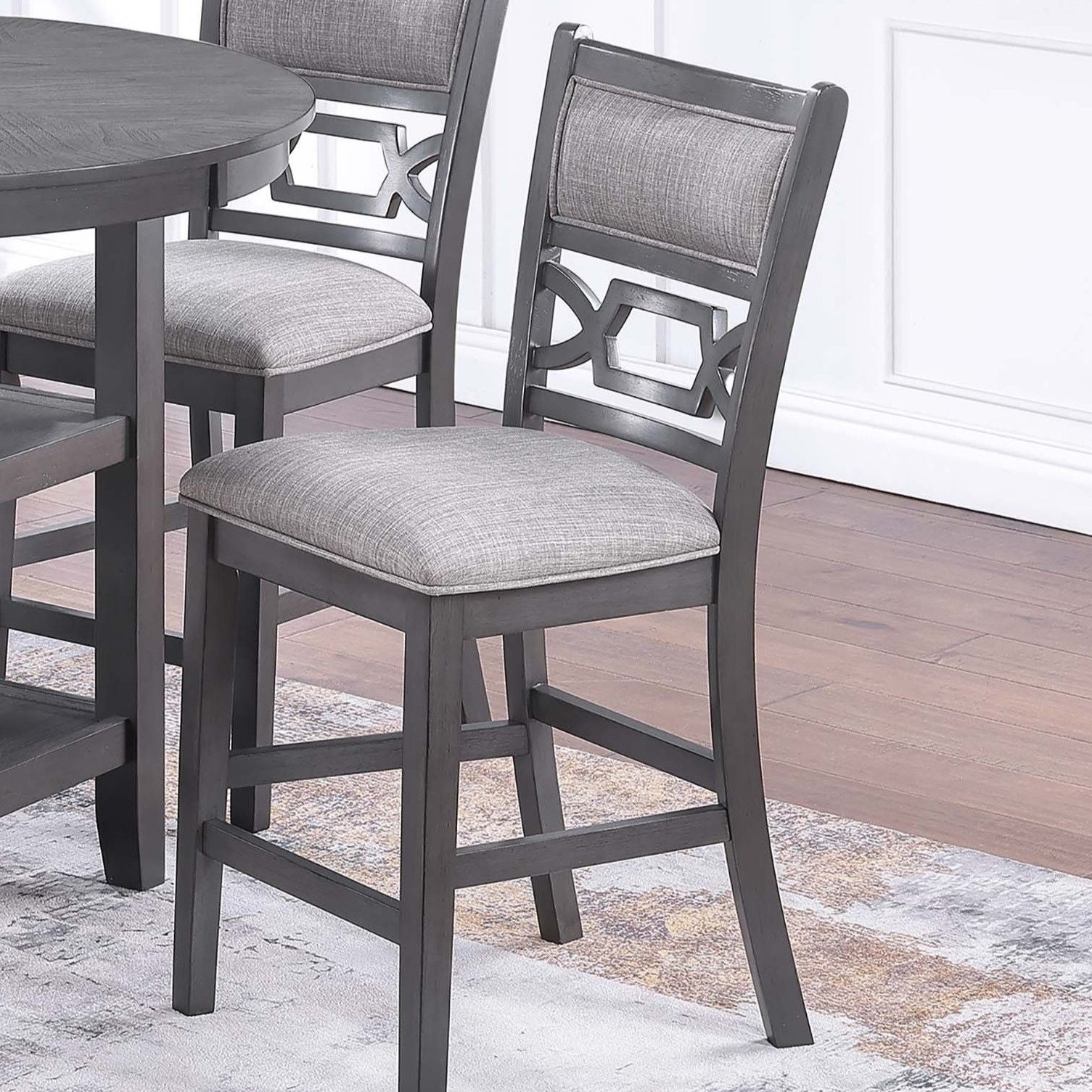 5 Piece Counter Height Dining Set With Storage Shelves Round Table And Upholstered High Chairs - Gray