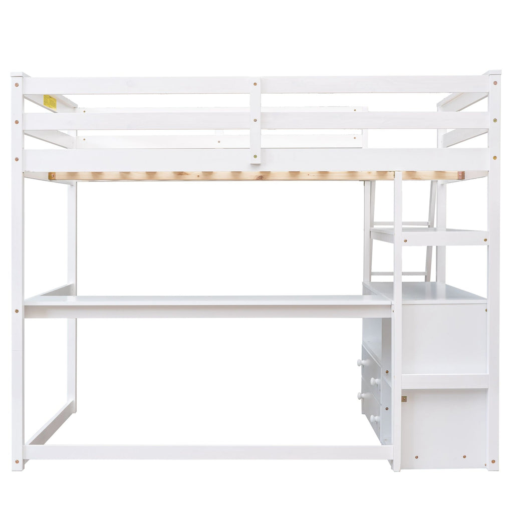 Modern Loft Bed With Built In Desk, Shelves, And 2 Drawers