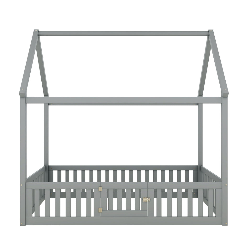 Wood House Bed With Fence And Door