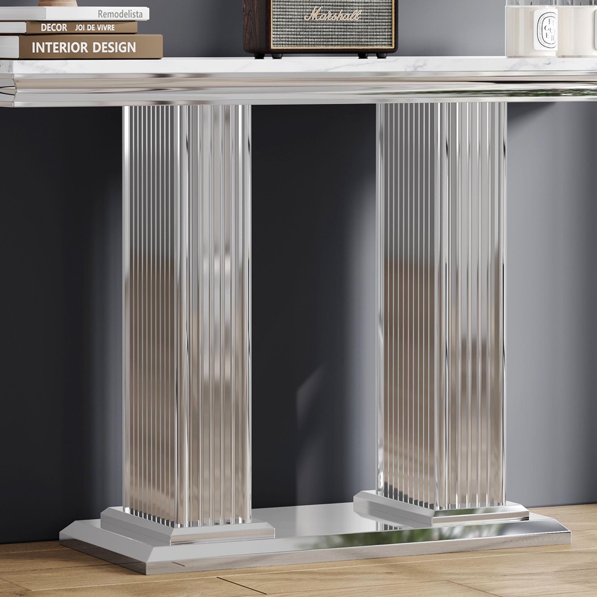 Printed Top Rectangular Console Table, Base With Mirrored Finish