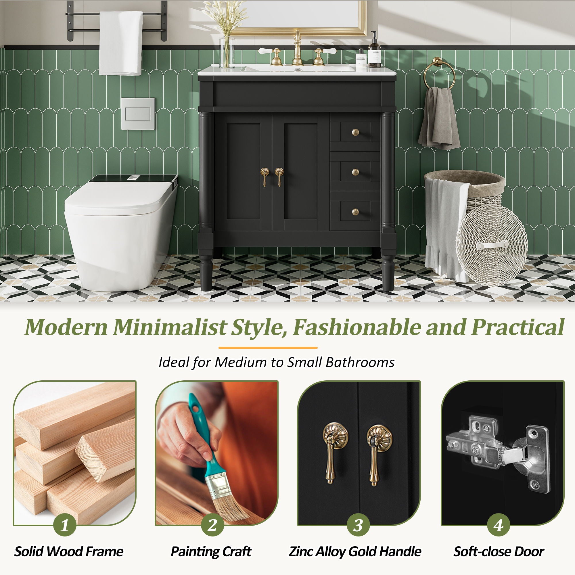 Bathroom Vanity With Ceramic Sink, 2 Doors 3 Drawers, Soft Close Design