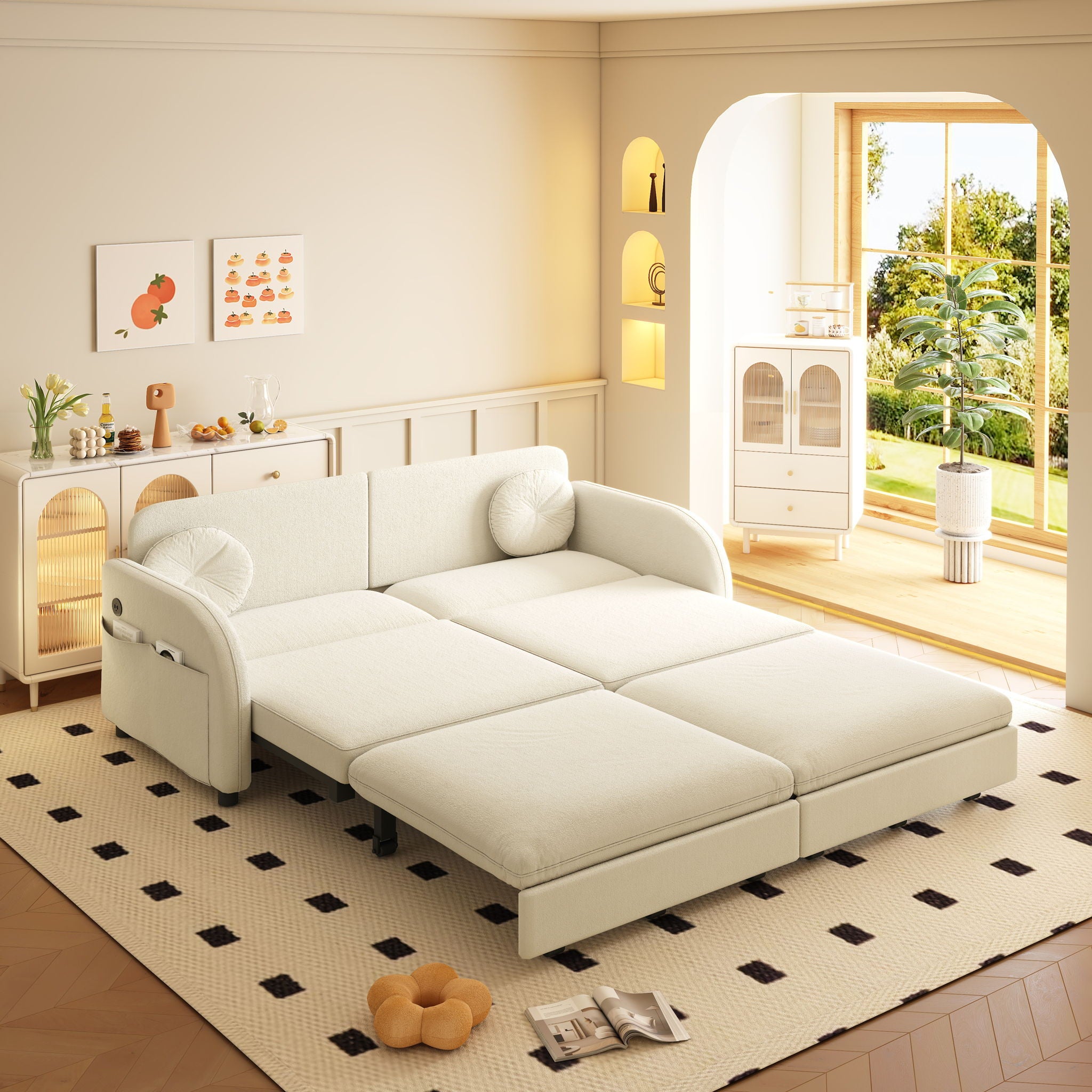 Upholstered Pull Out Couch With Side Pocket & USB Port