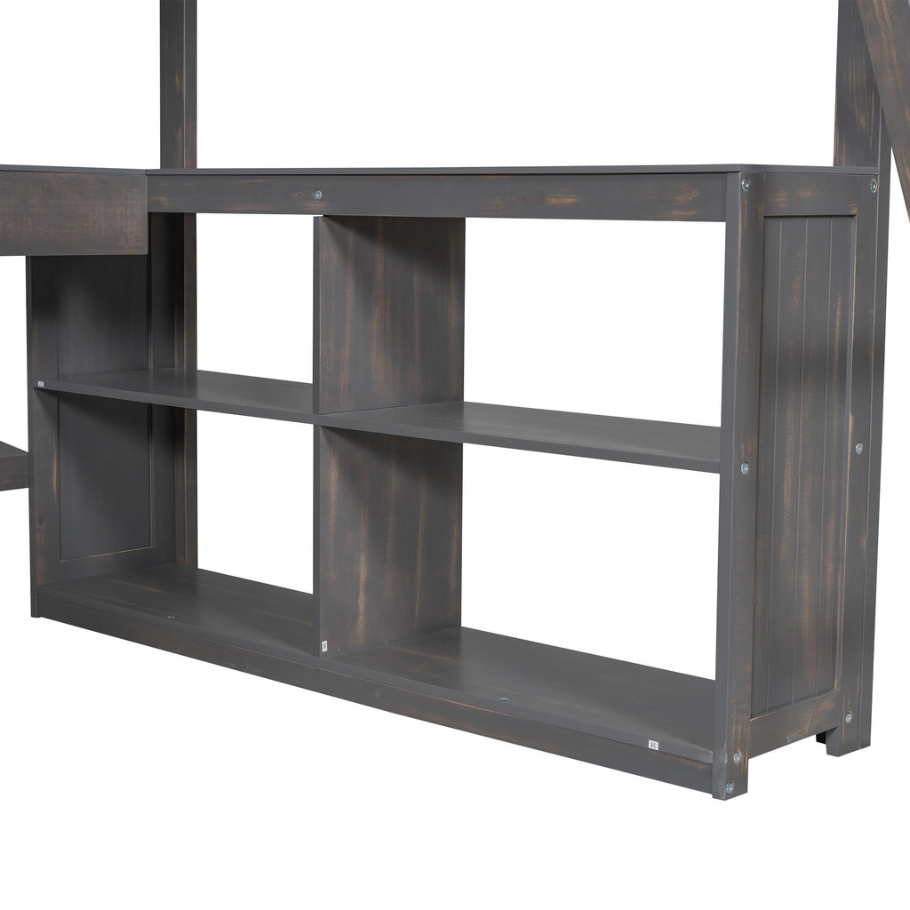 Loft Bed With U Shaped Desk, Drawers, And Storage Shelves