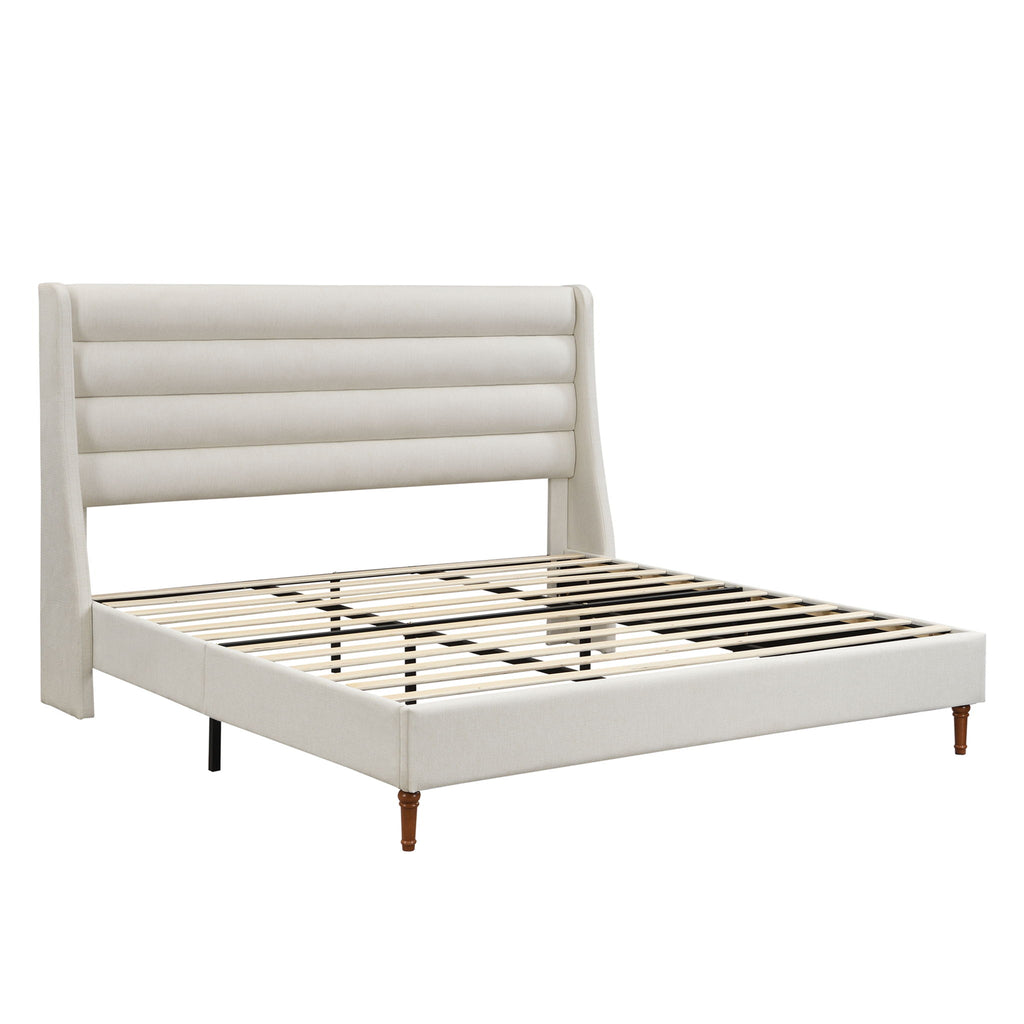 Modern Upholstered Platform Bed With Wave Shaped Headboard
