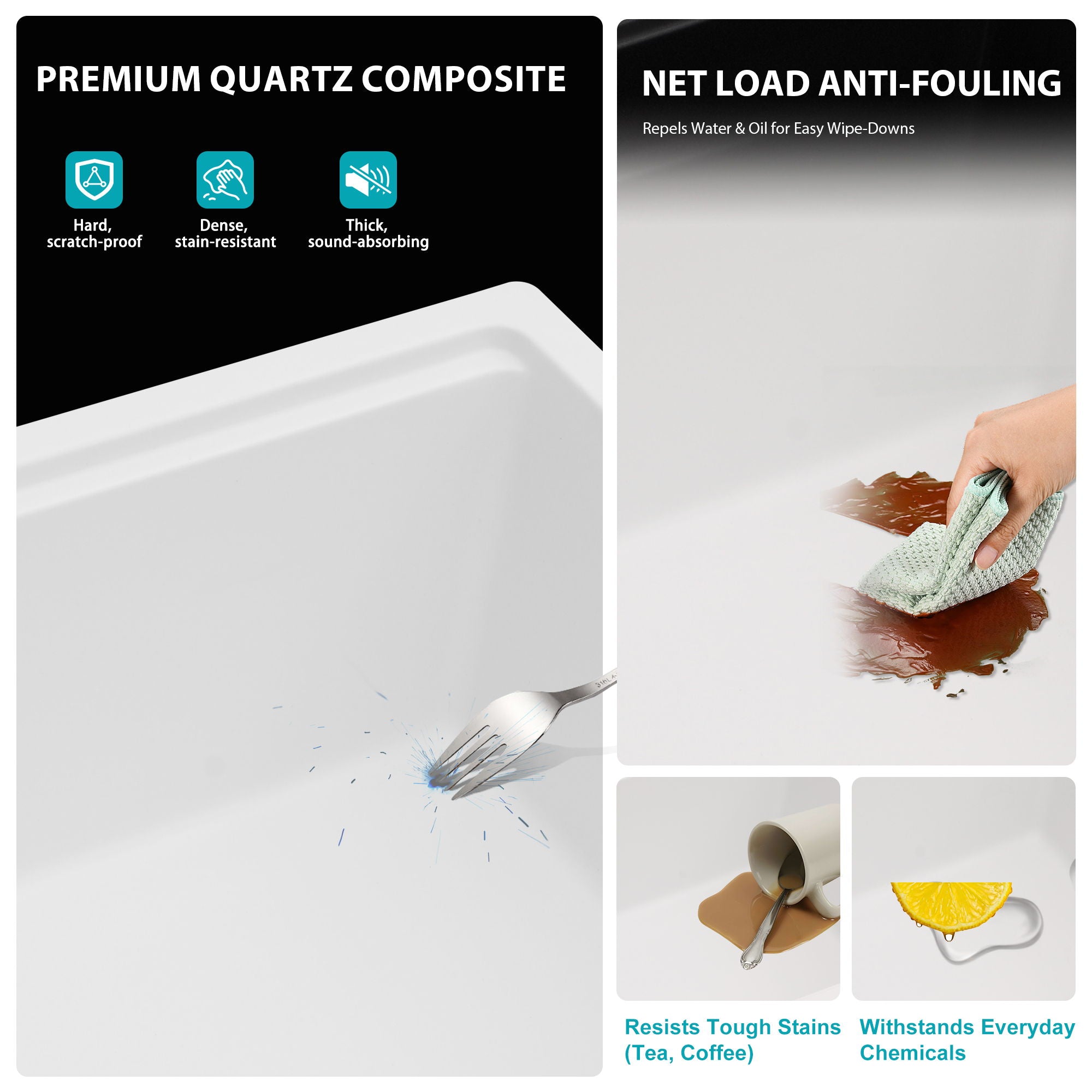 Quartz Kitchen Sink, Granite Composite Double Bowl, Undermount Workstation