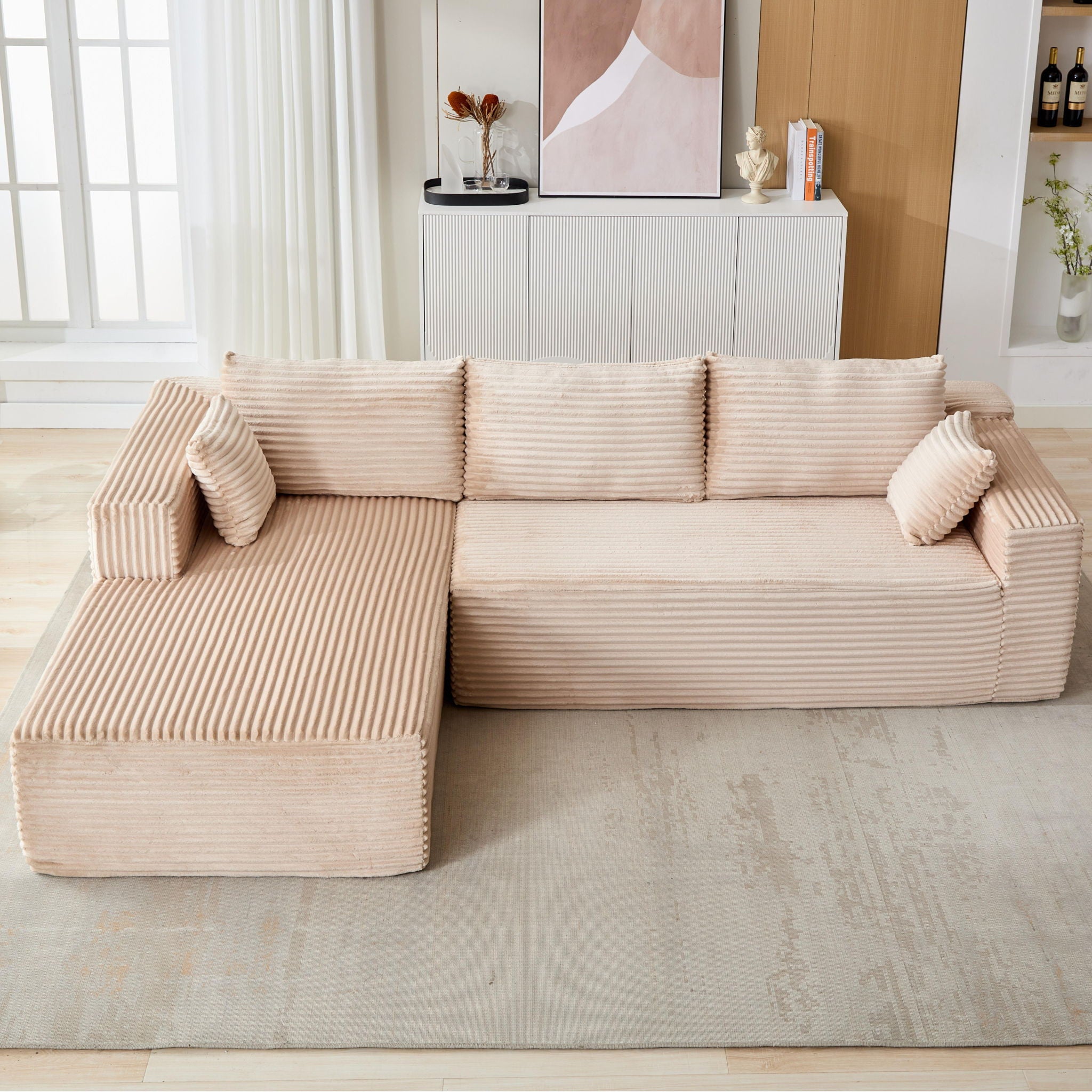 Compression Sectional Couch With Comfy Chaise, Boneless L Shape Sofa With Deep Seat