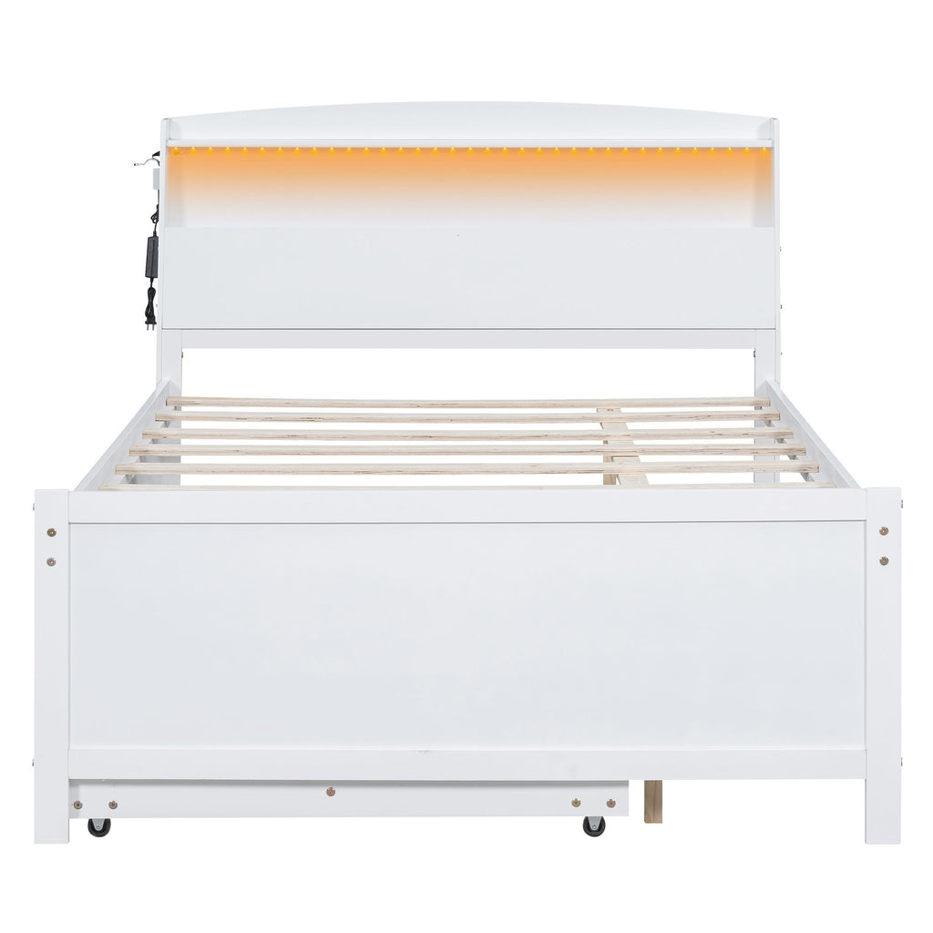 Full Size Platform Bed With Storage LED Headboard, Twin Trundle And 3 Drawers - White