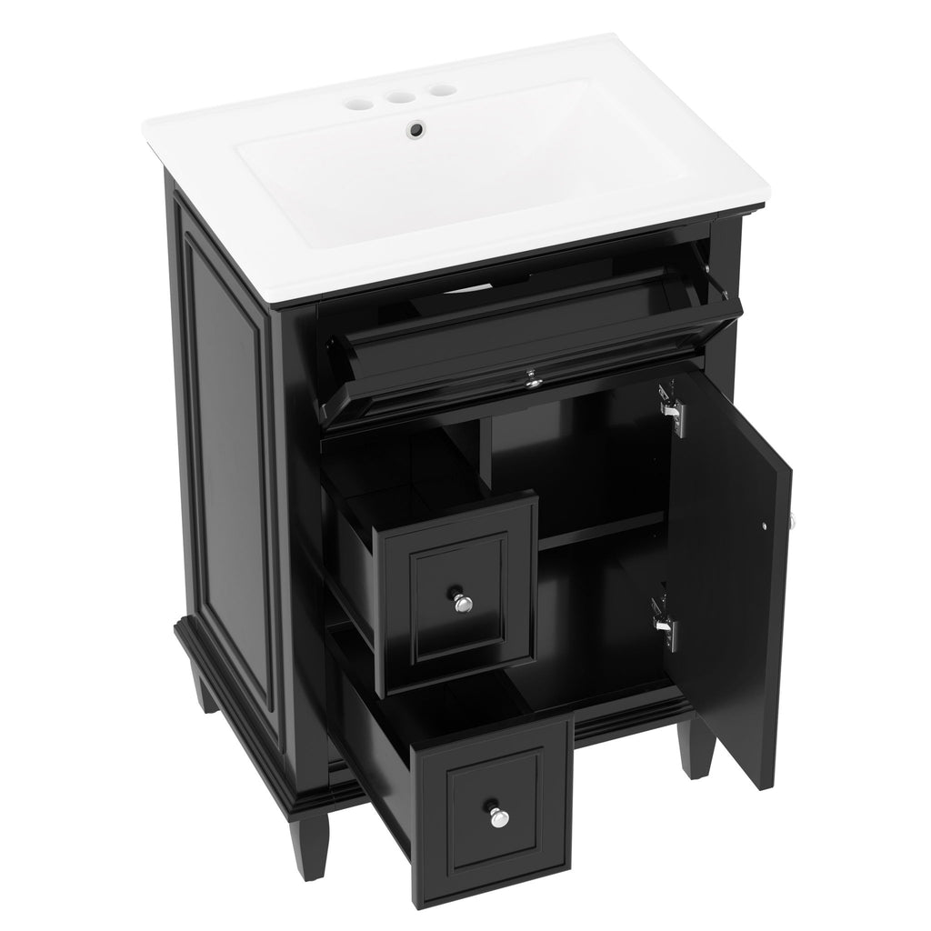 24" Bathroom Vanity With Sink, Cabinet, Adjustable Shelf, Flip Drawer & 2 Drawers - Black