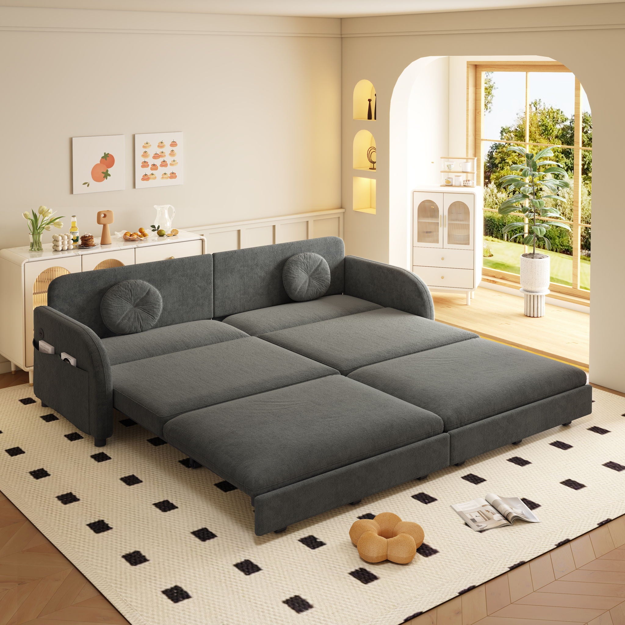 Upholstered Pull Out Couch With Side Pocket & USB Port