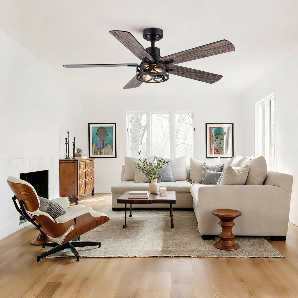 Ceiling Fan With Light, Dual‑Sided Matte Black & Wood Grain Blades - Black