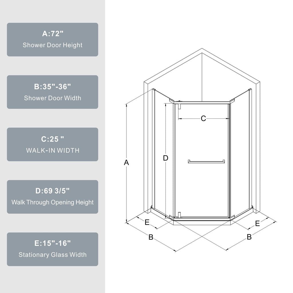 Durable Hardware Neo Angle Frameless Shower Door With Acrylic Base Combo