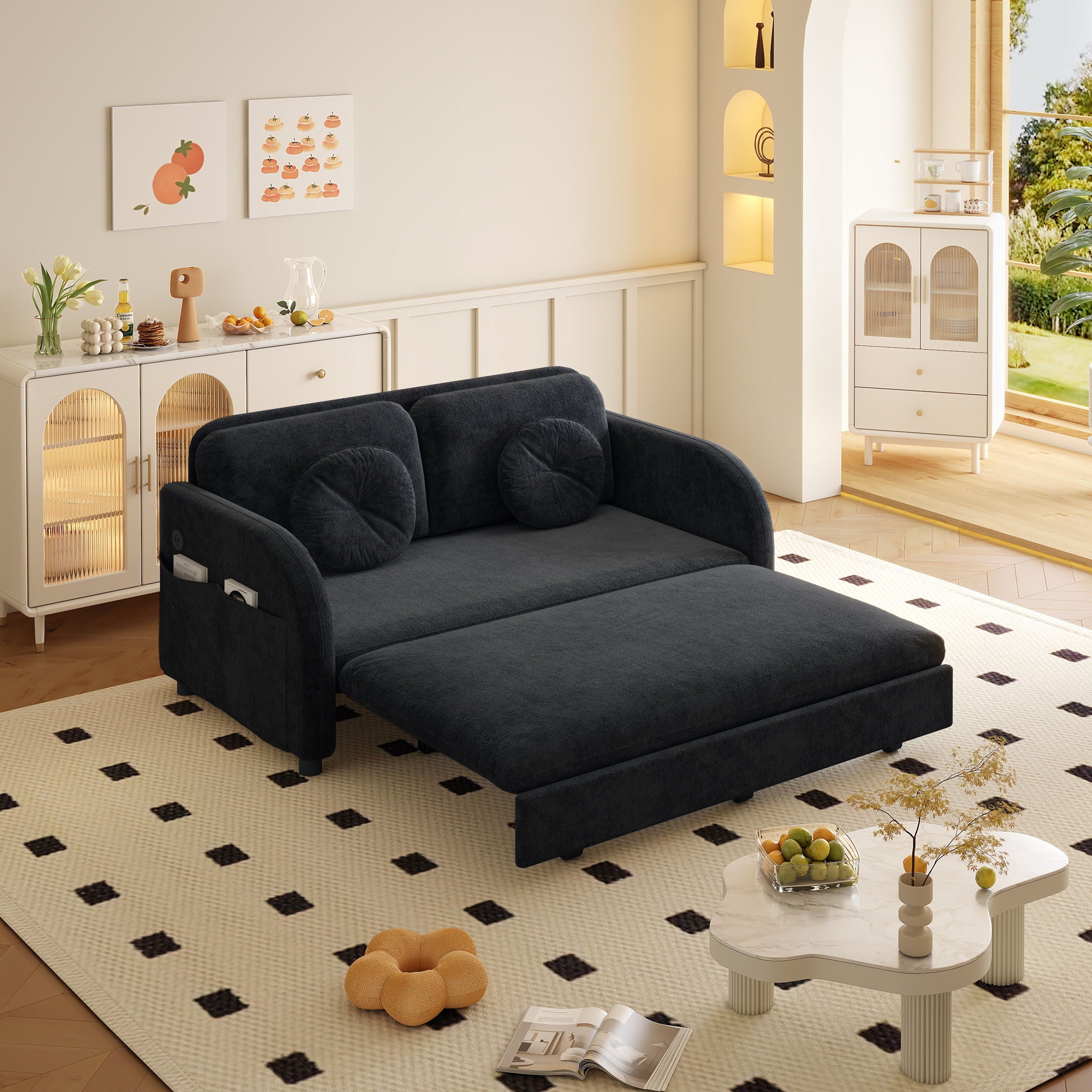 Upholstered Pull Out Couch With Side Pocket & USB Port