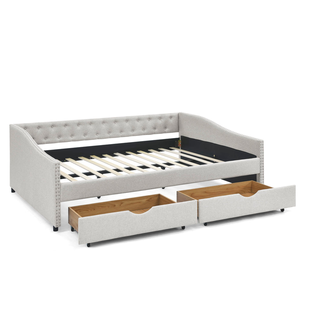 Upholstered Tufted Daybed With Drawers, Waved Arms