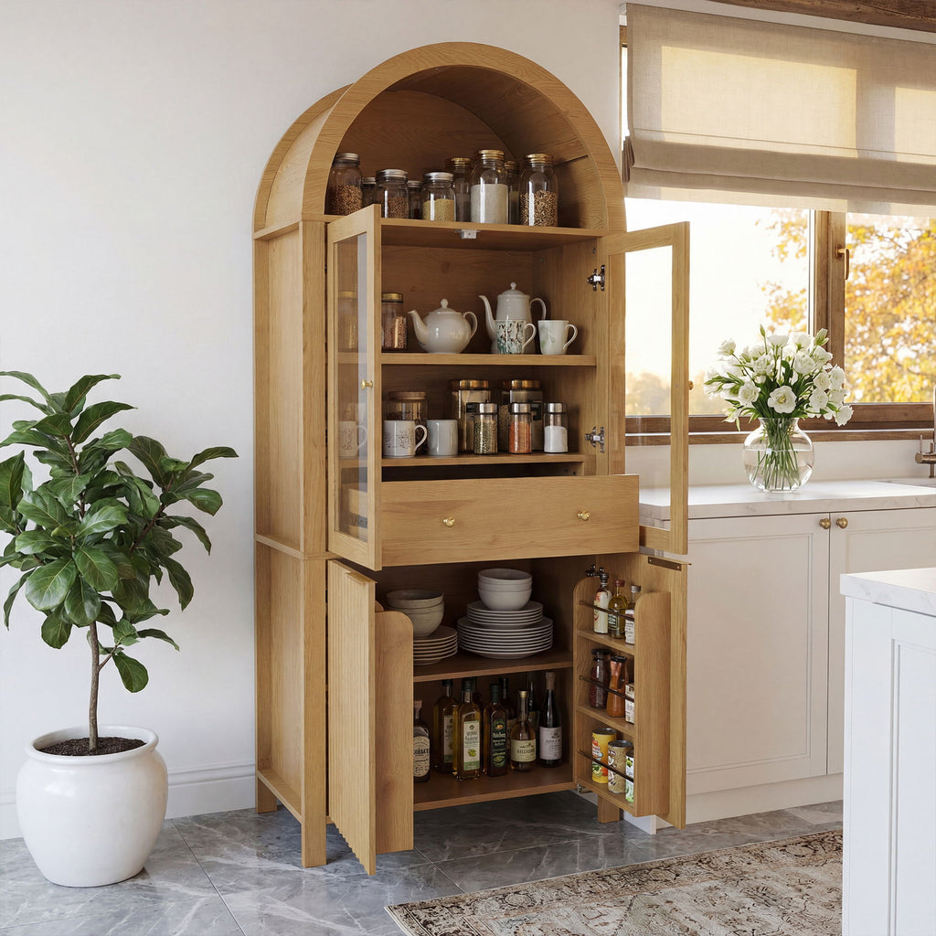 Fluted Tall Arched Pantry Cabinet With Adjustable Shelves