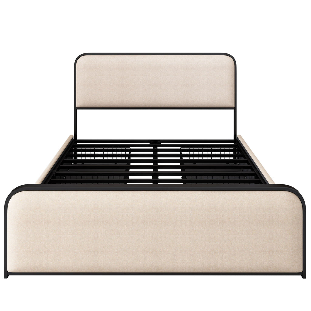 Modern Bed With Curved Upholstered Headboard And Footboard, Heavy Duty Metal Slats
