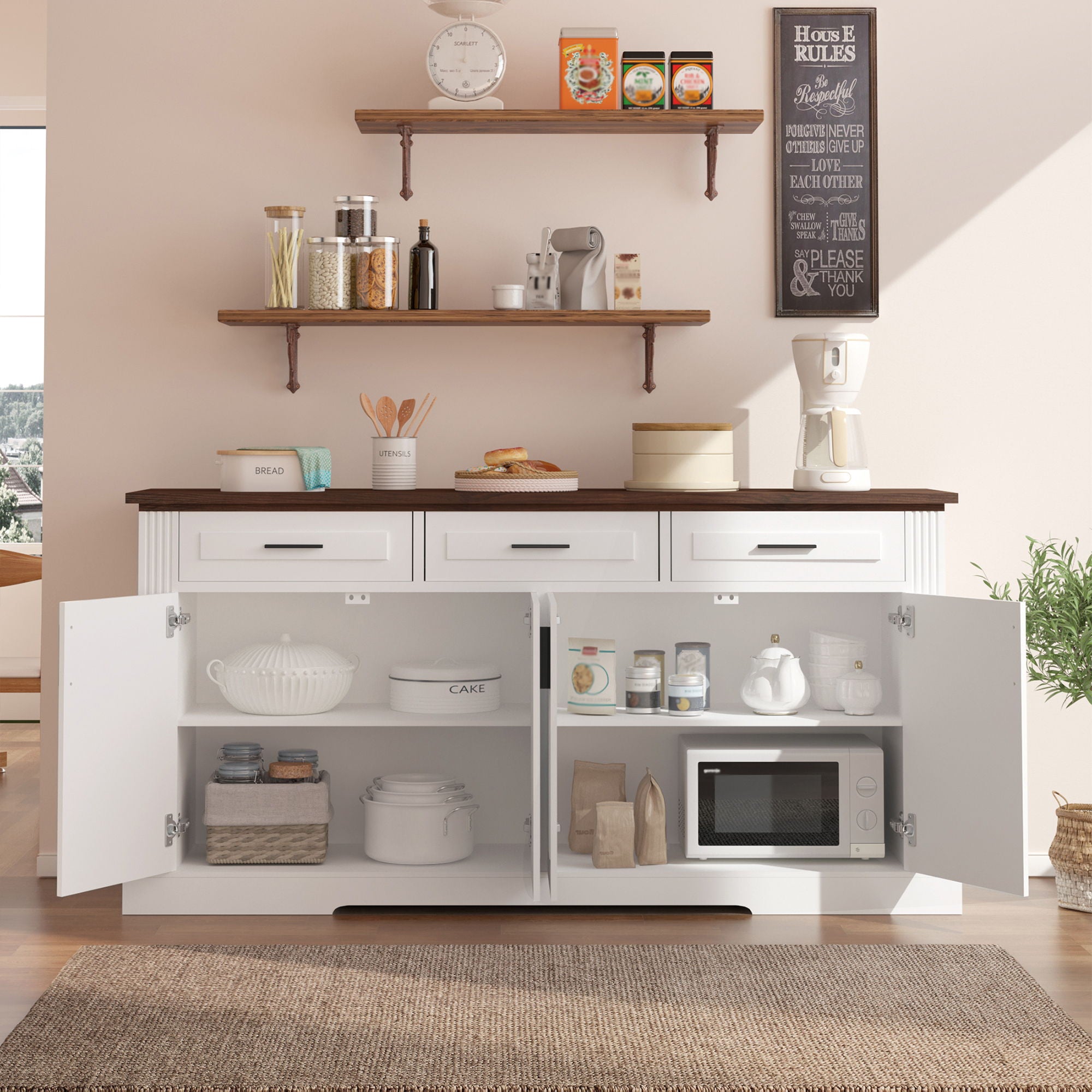 Fluted Sideboard Buffet Cabinet With 4 Doors And 3 Drawers