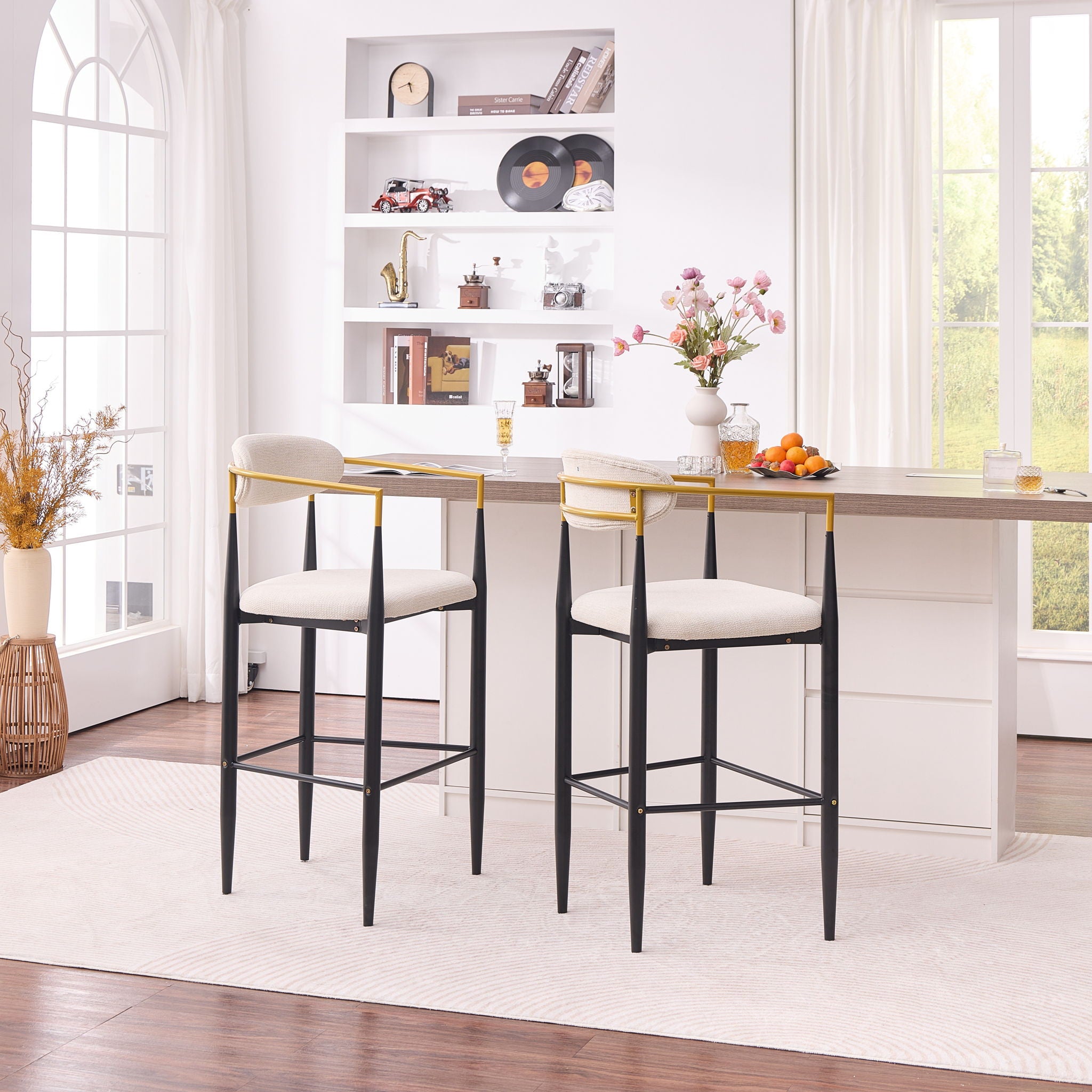 Upholstered Bar Stool With Accented Armrests For Kitchen Island (Set of 2) - Beige