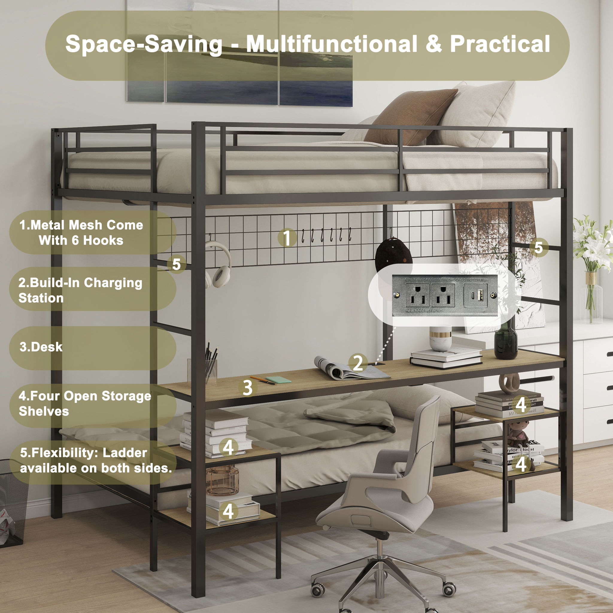 Ethan - Bunk Bed With Desk, Charging Station, Storage Shelves