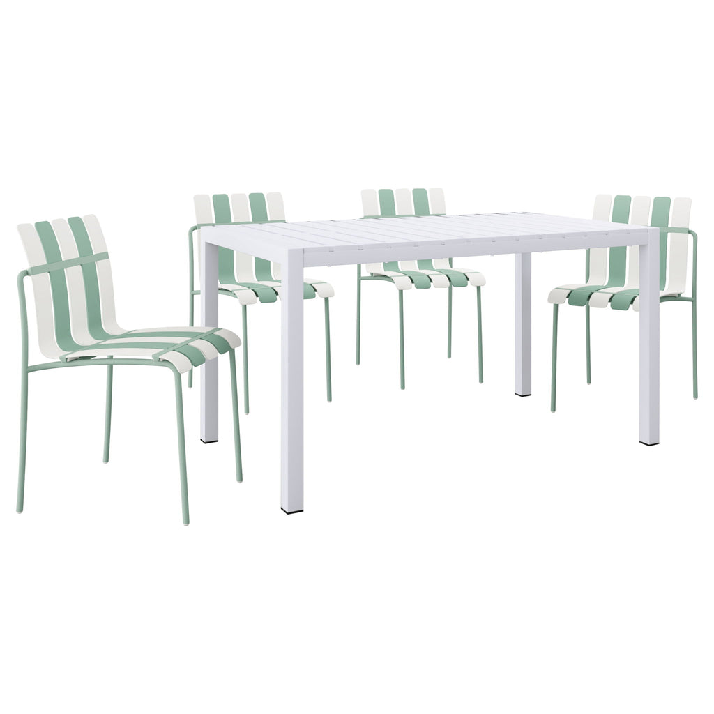 4 Piece Set Of Striped Color Blocking Single Chairs With Long Table - Cream White / Haze Green / White