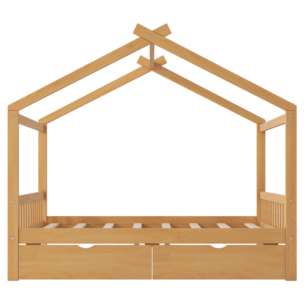 House Style Platform Bed With Headboard, Footboard, 2 Drawers, And Roof Design