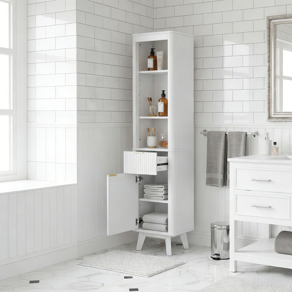 Tall Bathroom Storage Cabinet With Adjustable Shelves And 1 Drawer & Door