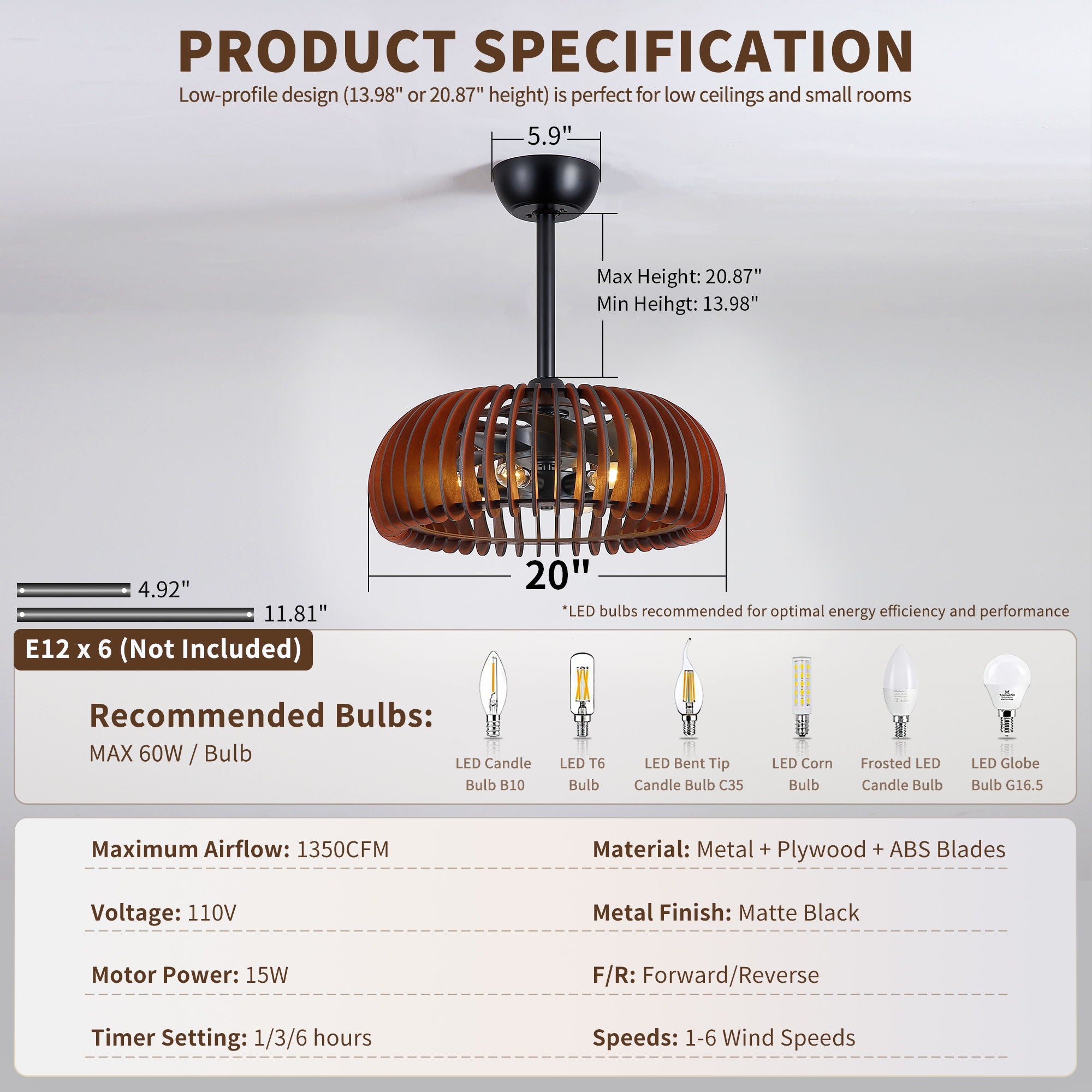 Pumpkin Ceiling Fan, Fandelier With 6 E12 Sockets, Reversible DC Motor, Adjustable Hanging, 6 Speeds Remote Control - Black