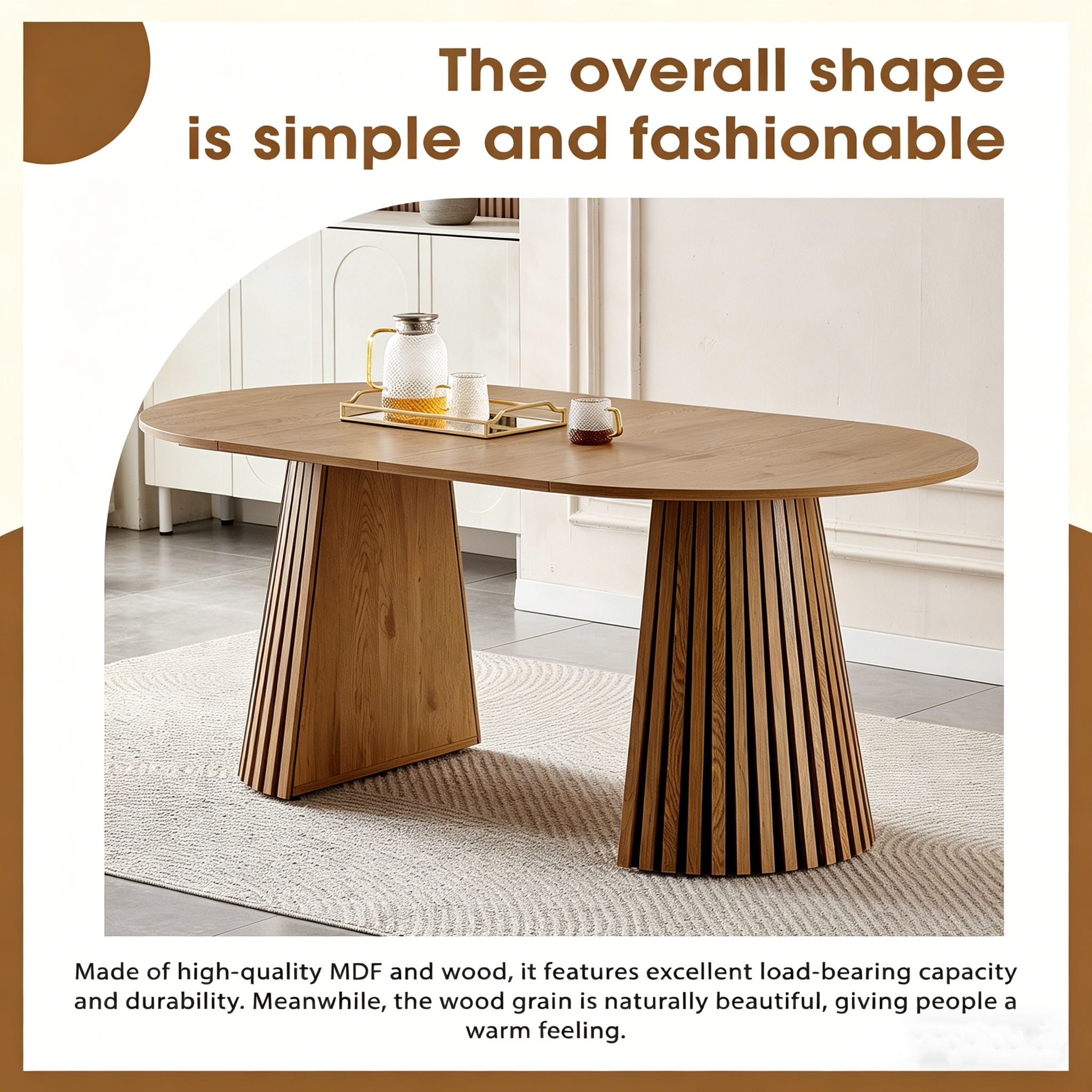 Dining Table, Flexible Extendable Oval Design With Slatted Legs - Natural Wood