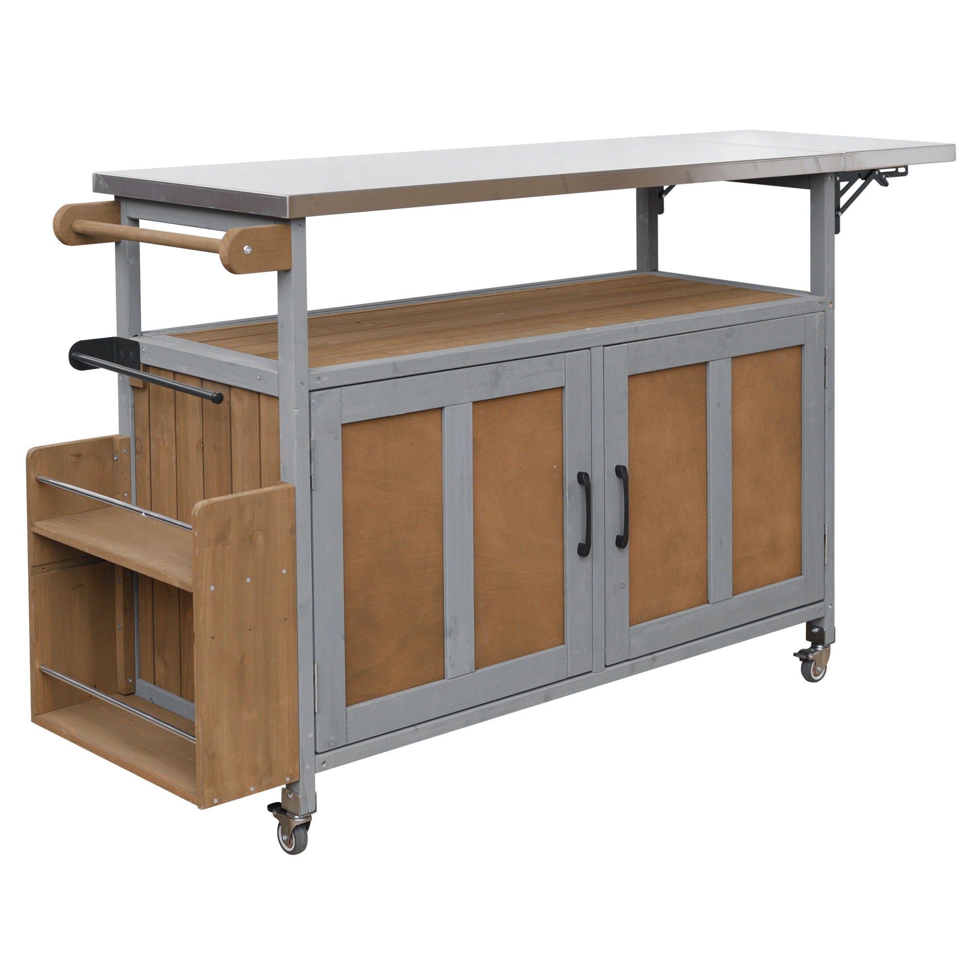 Foldable Outdoor Kitchen Island With Lockable Wheels, Storage Cabinet And Towel Rack For Patio