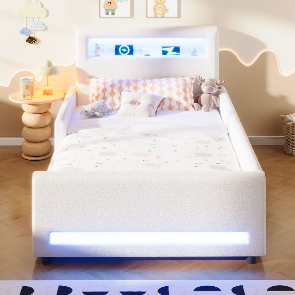 Upholstered Platform Bed With Drawer, LED Light Strip, USB Port