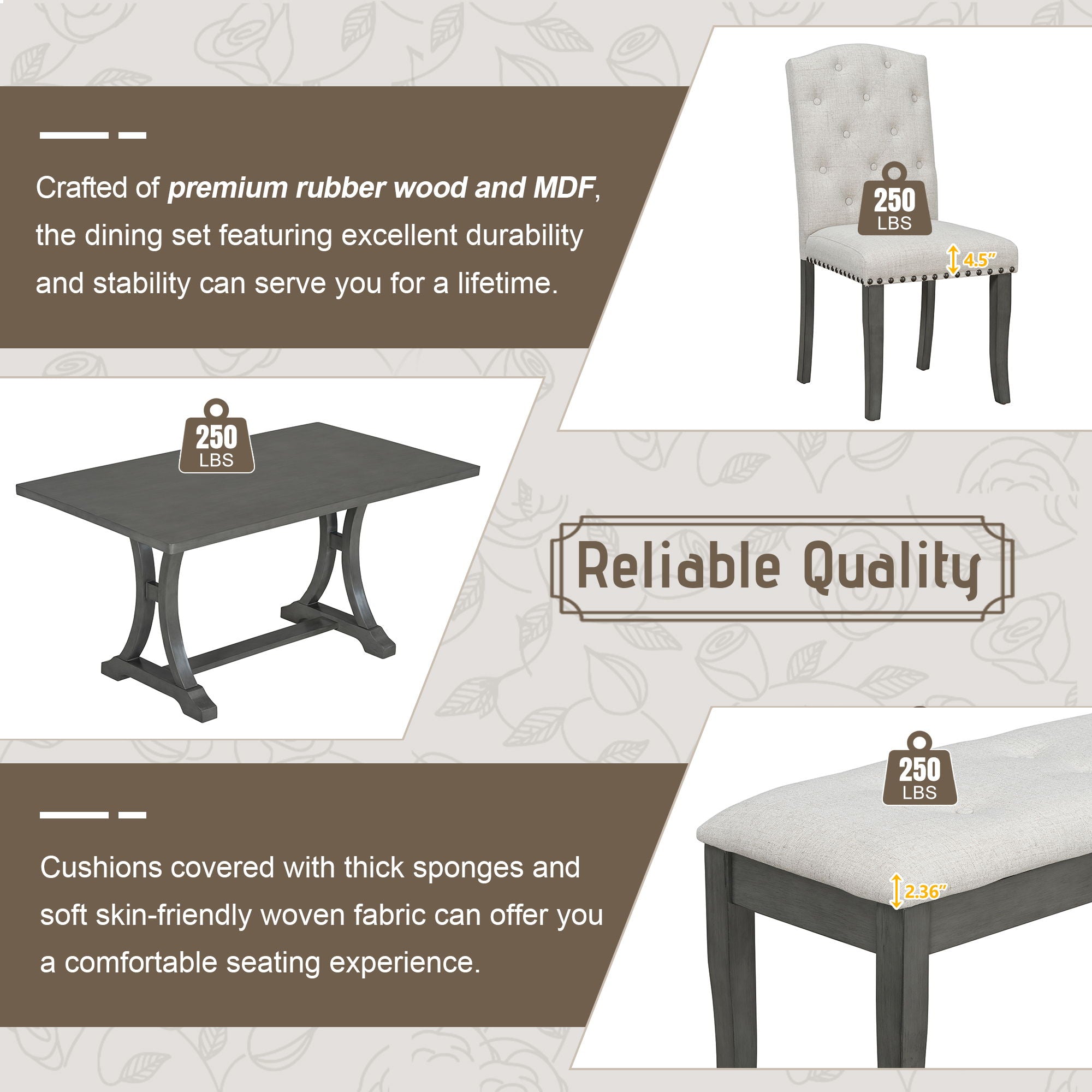 Dining Table Set With 4 Upholstered Chairs And Bench